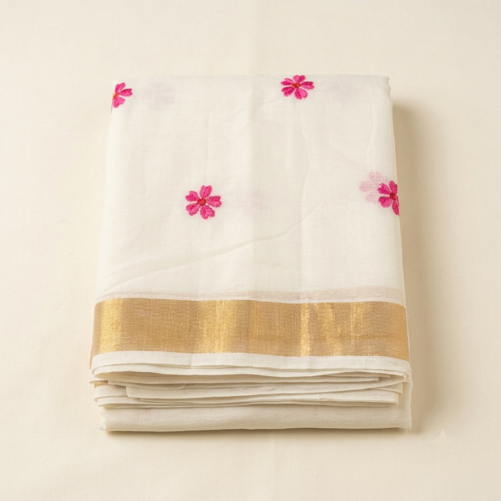 Off-White Handloom Pure Cotton Saree with Pink Floral Motifs and Golden Zari Border