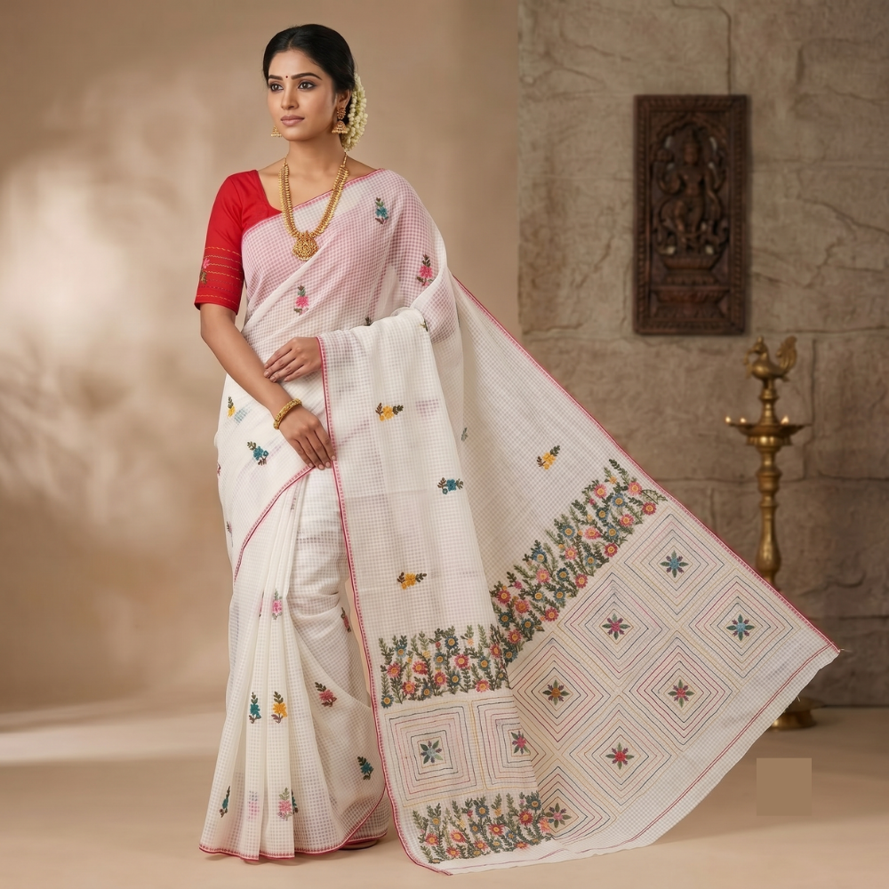 White Kota Cotton Embroidery Saree
