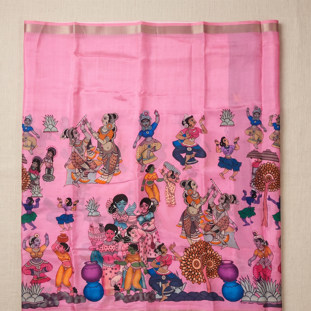 Baby Pink & Wine color Digital Print Mangalagiri Silk Cotton Saree