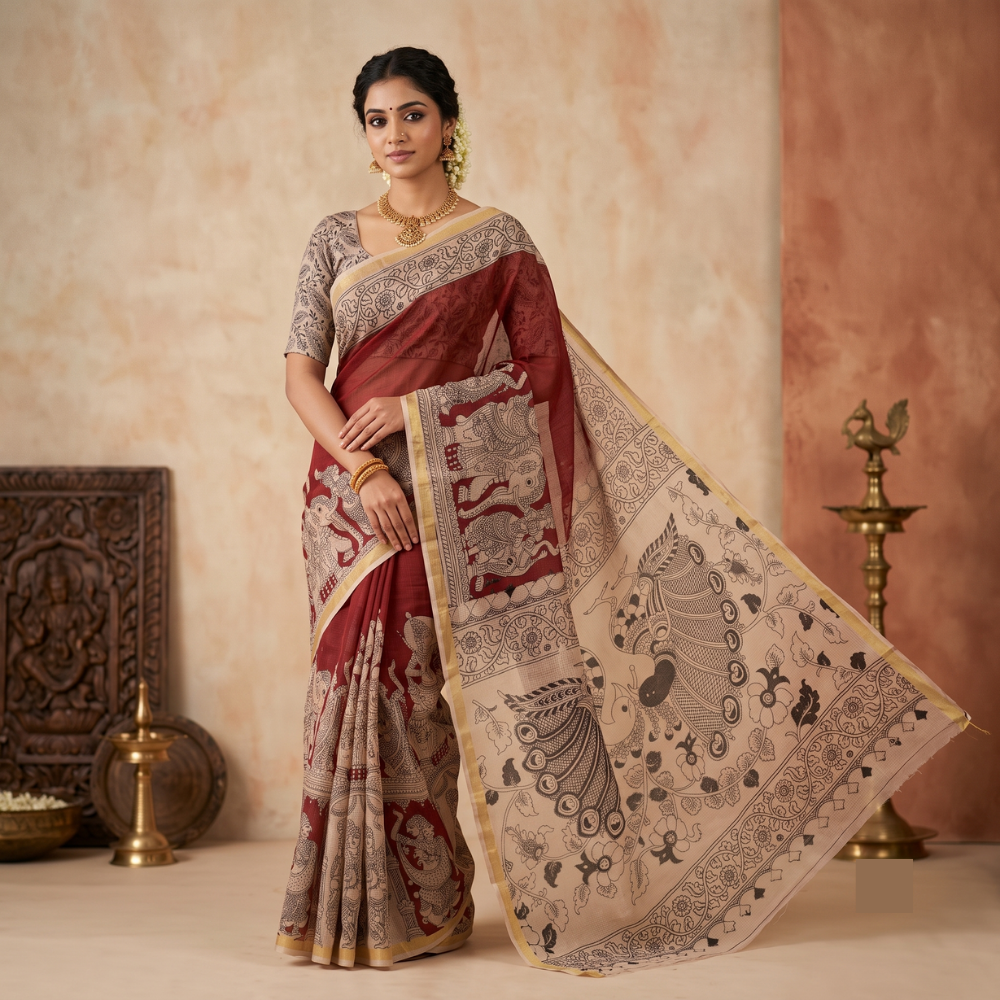 Red Kota Cotton Kalamkari Print Saree