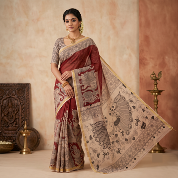 Red Kota Cotton Kalamkari Print Saree