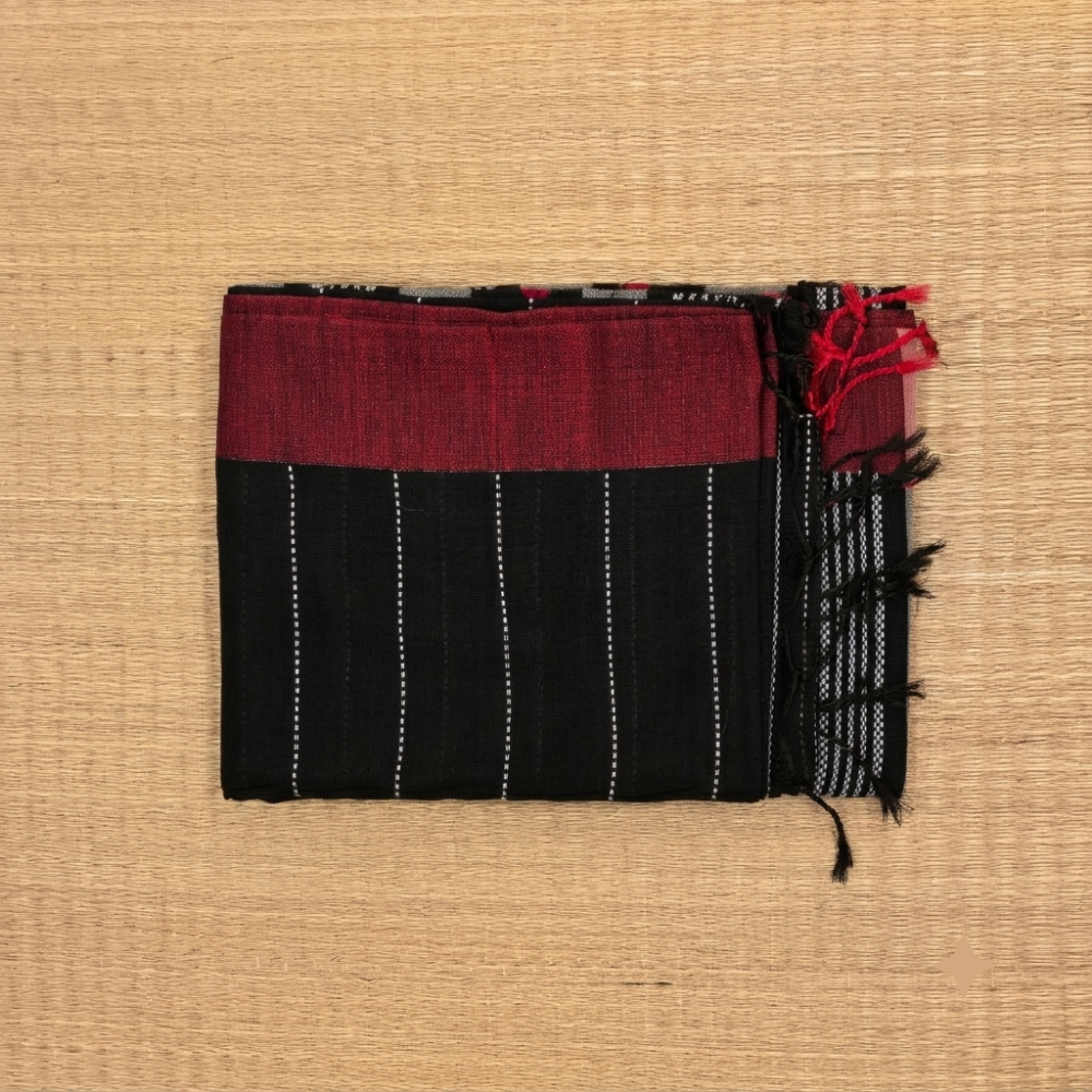 Elegant Black & Maroon Handloom Handwoven Bengal Cotton Saree
