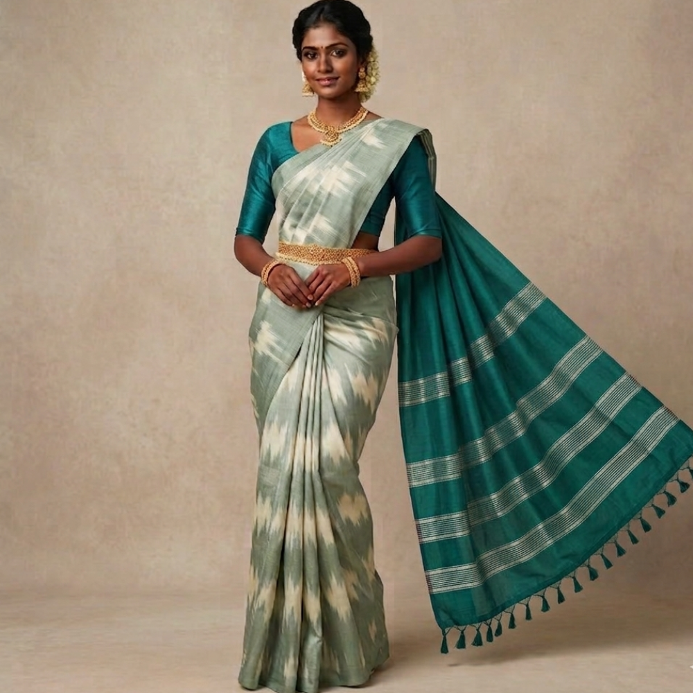 Mint Green & Deep Teal Dual-Tone Mangalagiri Silk Cotton Saree