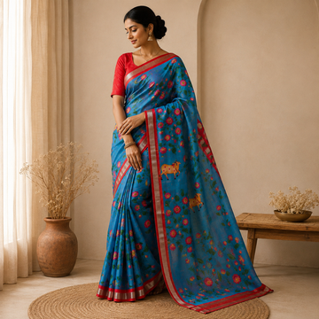 Sky Blue & Coral Red Pichwai Cow & Lotus Digital Print Mangalagiri Silk Cotton Saree
