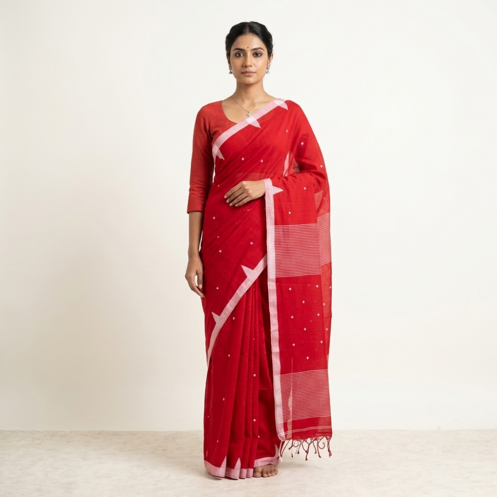 Deep Plum & Silver Accent Handloom Mul Cotton Saree