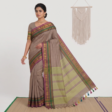Taupe Brown & Emerald Green Handloom Temple Border Kanchi Cotton Saree