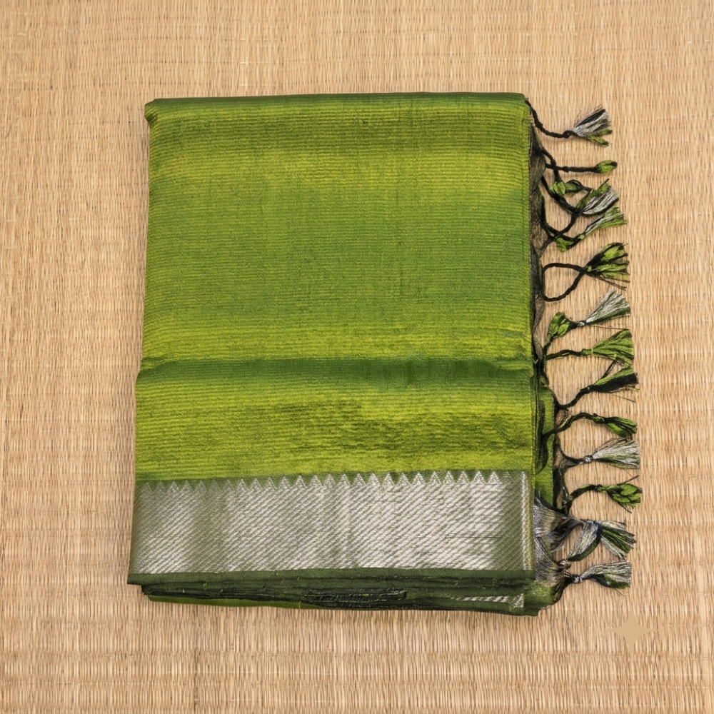 Vibrant Lime Green Handloom Mangalagiri Silk Cotton Saree with Silver Zari 100 Border