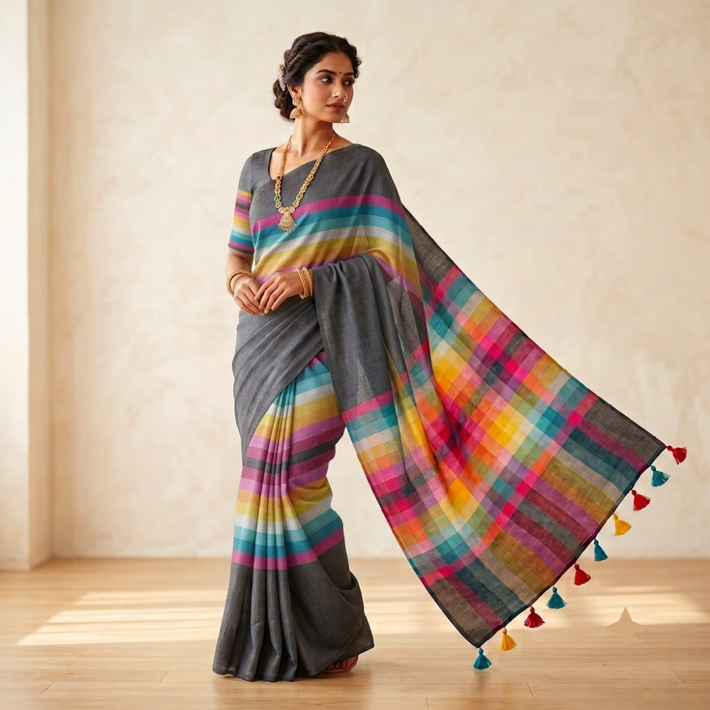 Multicolor Rainbow Stripe & Checkered Handloom Mul Cotton Saree