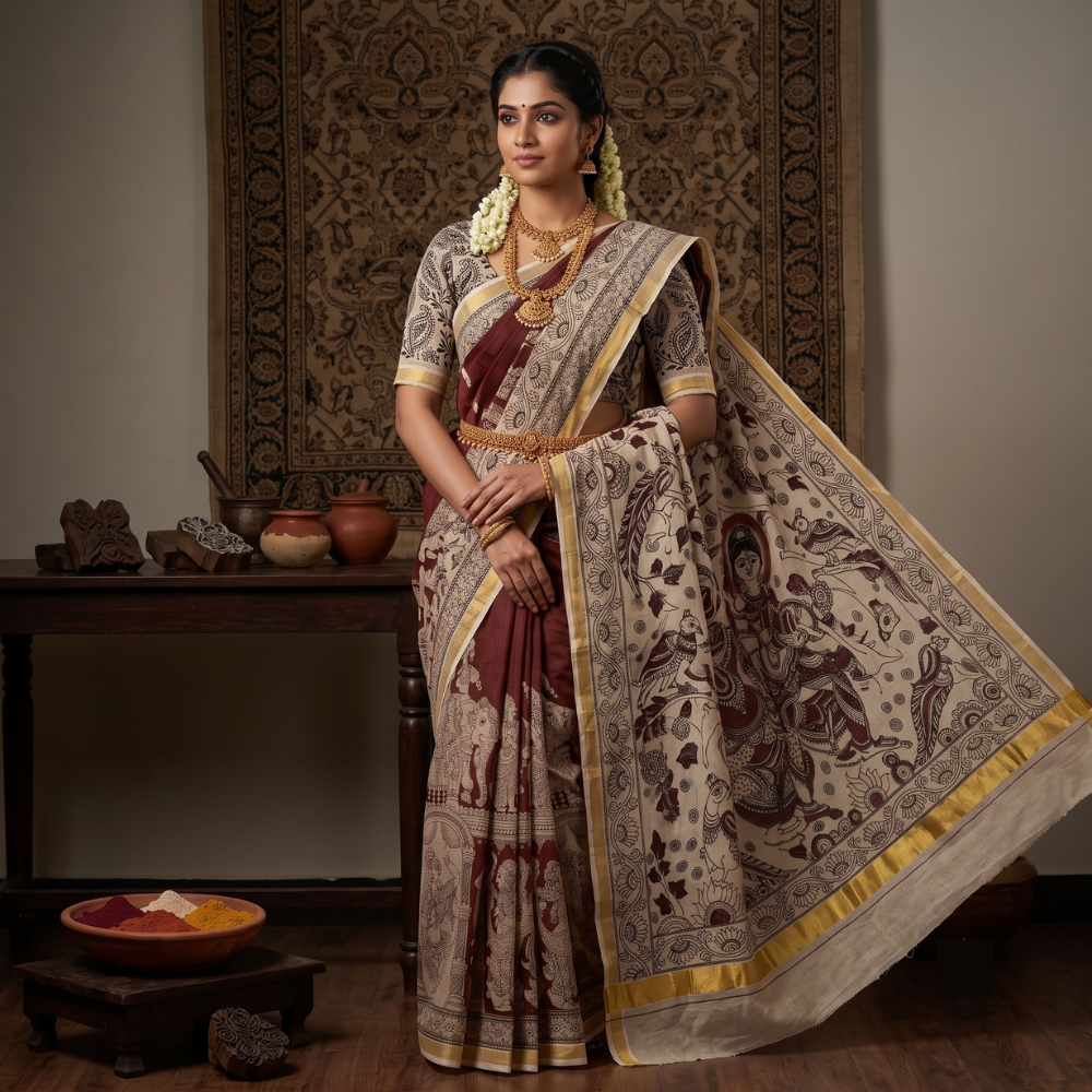 Brown Kota Cotton Kalamkari Print Saree