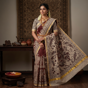 Brown Kota Cotton Kalamkari Print Saree