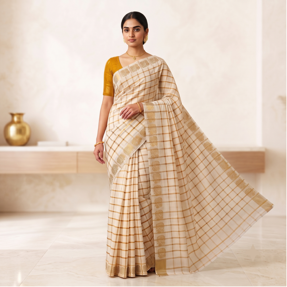 Off-White Handloom Sungudi Cotton Saree with Zari Grid Checks and Traditional Motif Border