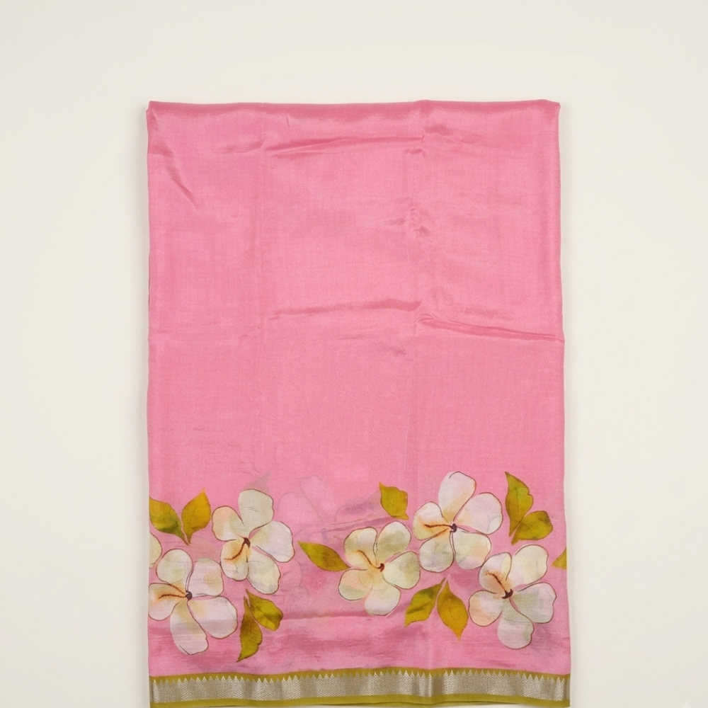 Pastel Pink & Olive Green Hand-Painted Style Floral Mangalagiri Silk Cotton Saree