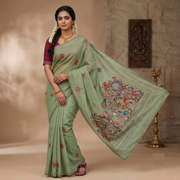 Green Kota Cotton Embroidery Saree