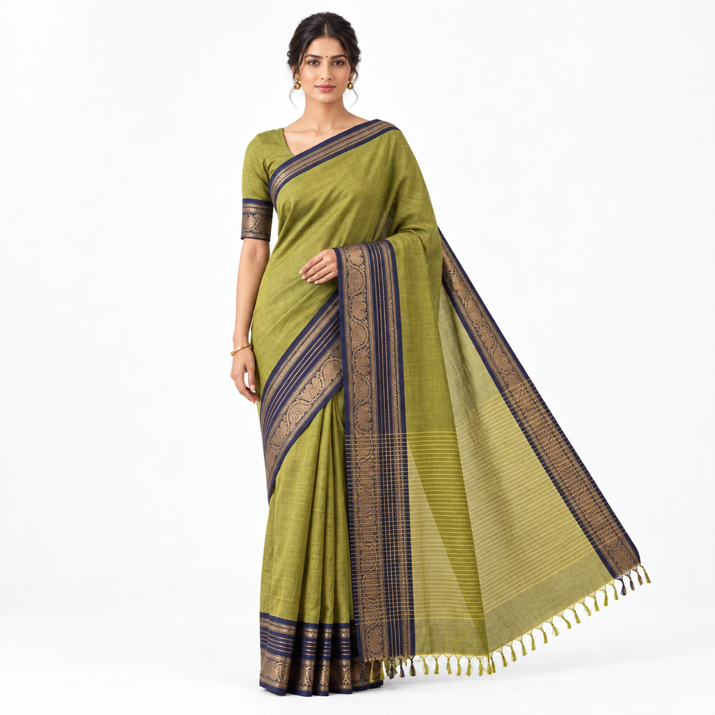 Olive Green & Indigo Zari Border Handloom Kanchi Cotton Saree