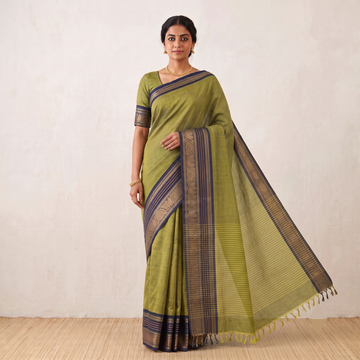 Olive Green & Indigo Zari Border Handloom Kanchi Cotton Saree