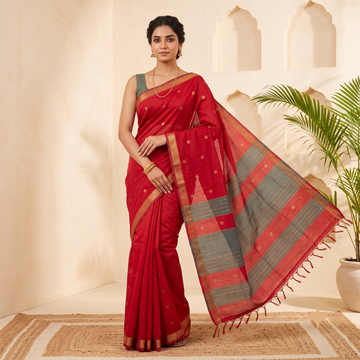 Vibrant Red & Olive Grey Handloom Mangalagiri Silk Cotton Saree with Golden Zari Butis