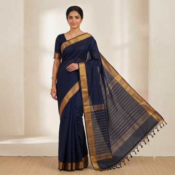 Title:  Royal Navy Blue Handloom Mangalagiri Silk Cotton Saree with Golden Zari 100 Border