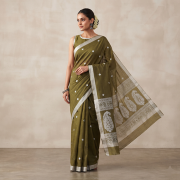 Earthy Olive Green Hand-Woven Mul Cotton Saree