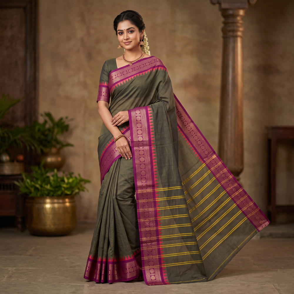 Elegant Olive Green Kanchi Cotton Saree with Magenta Zari Border