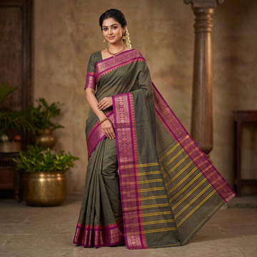 Elegant Olive Green Kanchi Cotton Saree with Magenta Zari Border