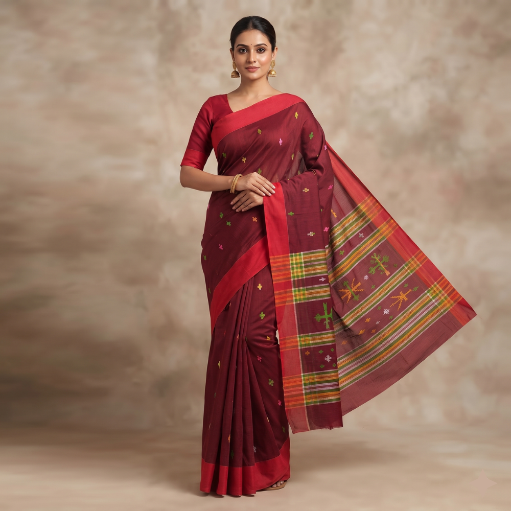 Crimson Maroon Mul Cotton Saree with Hand-Woven Buttis & Contrast Red Border