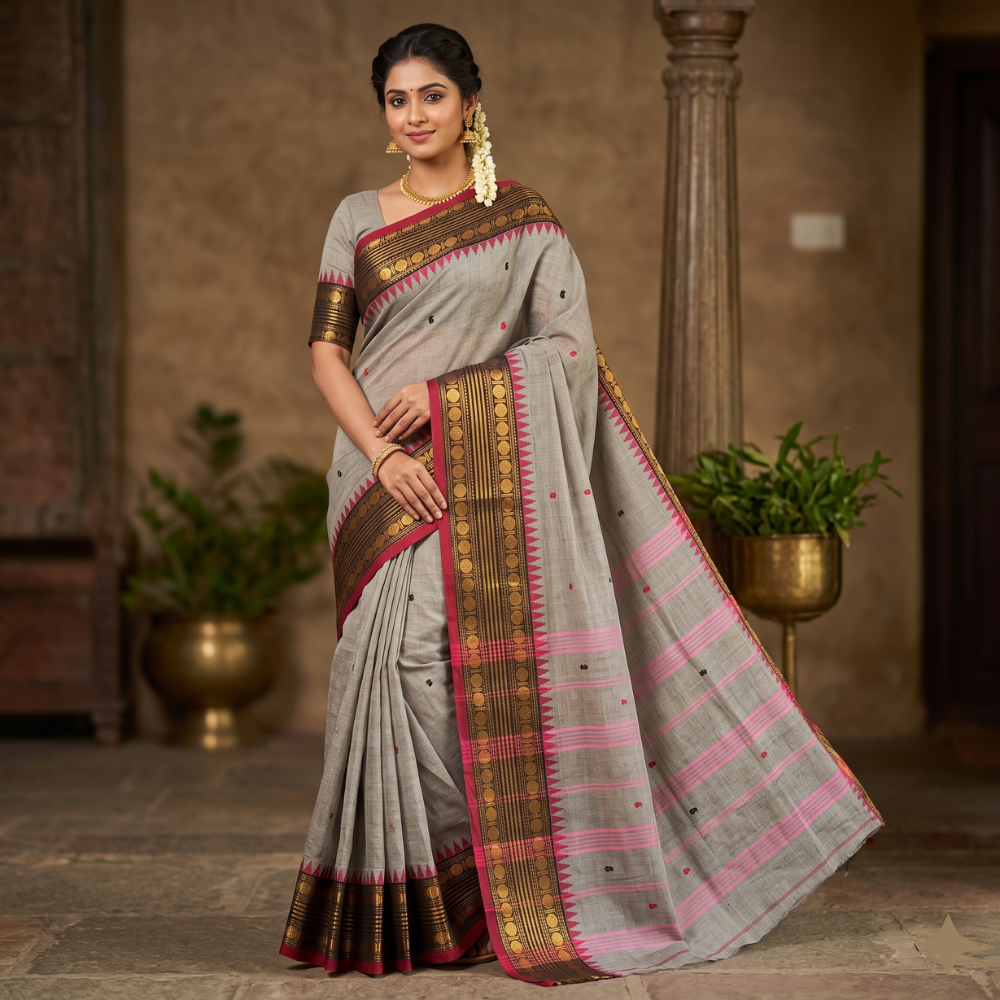 Elegant Grey Kanchi Cotton Saree with Maroon & Gold Zari Border