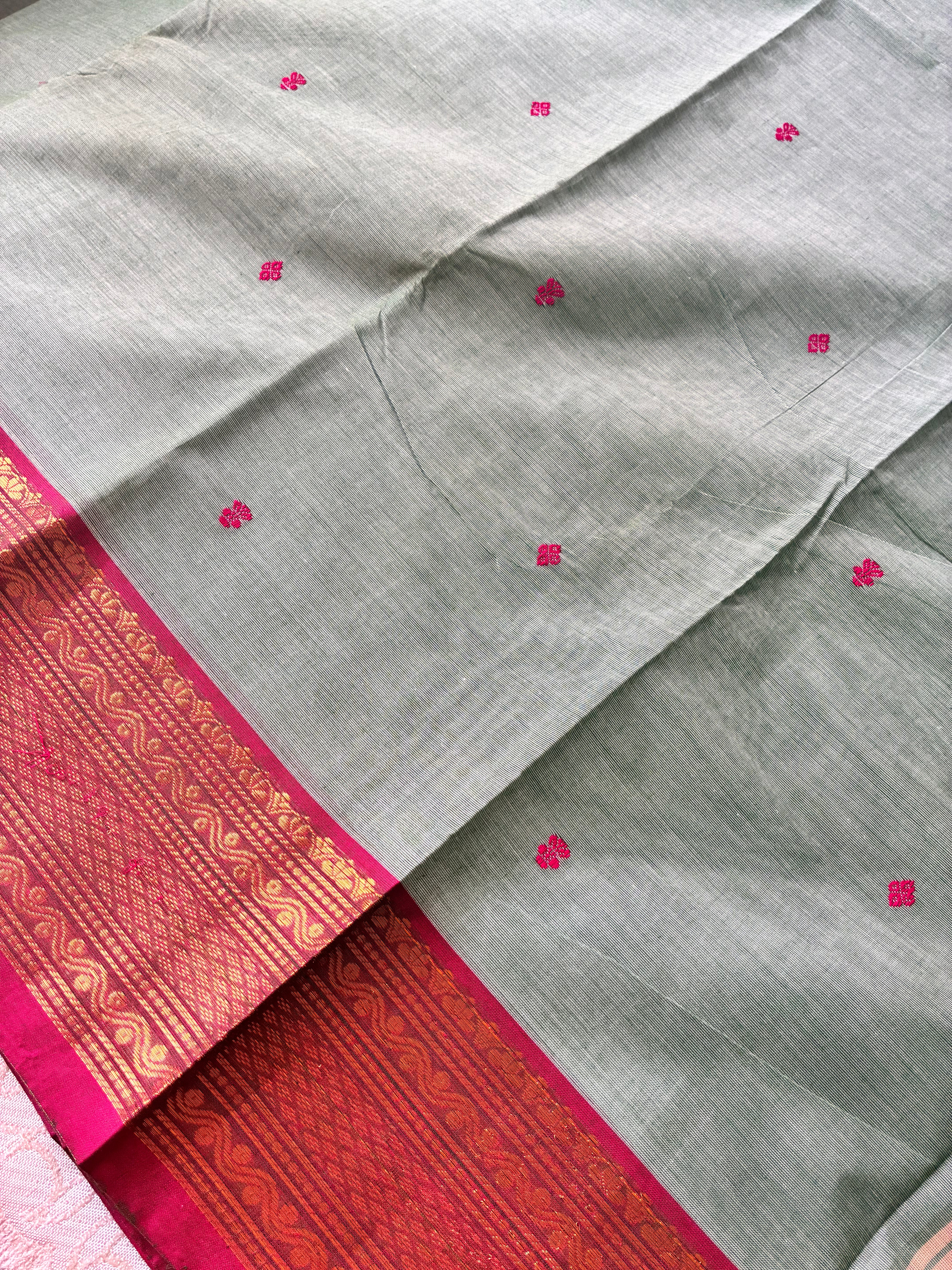 Sage Green Kanchi Cotton Saree with Rani Pink Zari Border