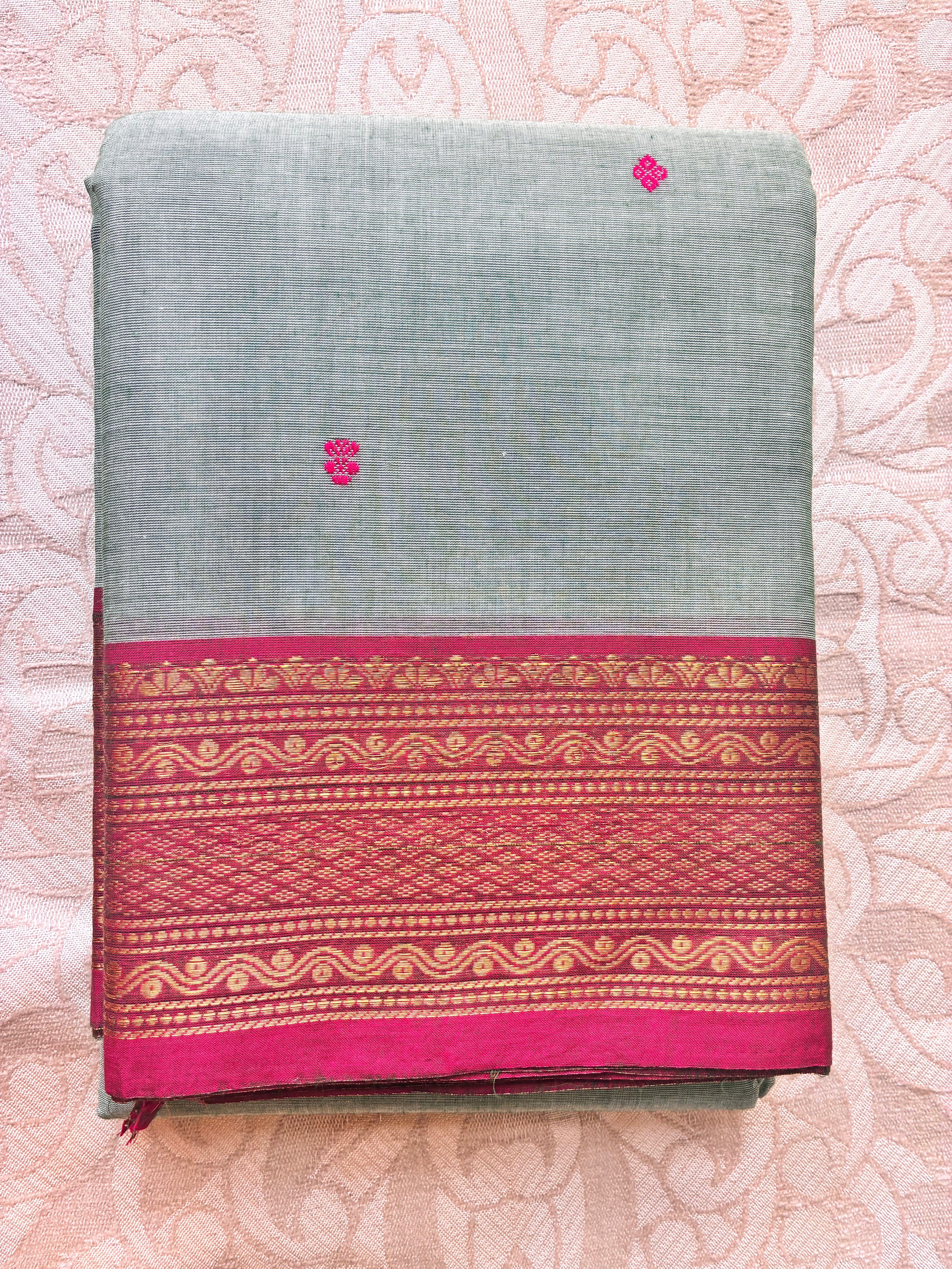 Sage Green Kanchi Cotton Saree with Rani Pink Zari Border