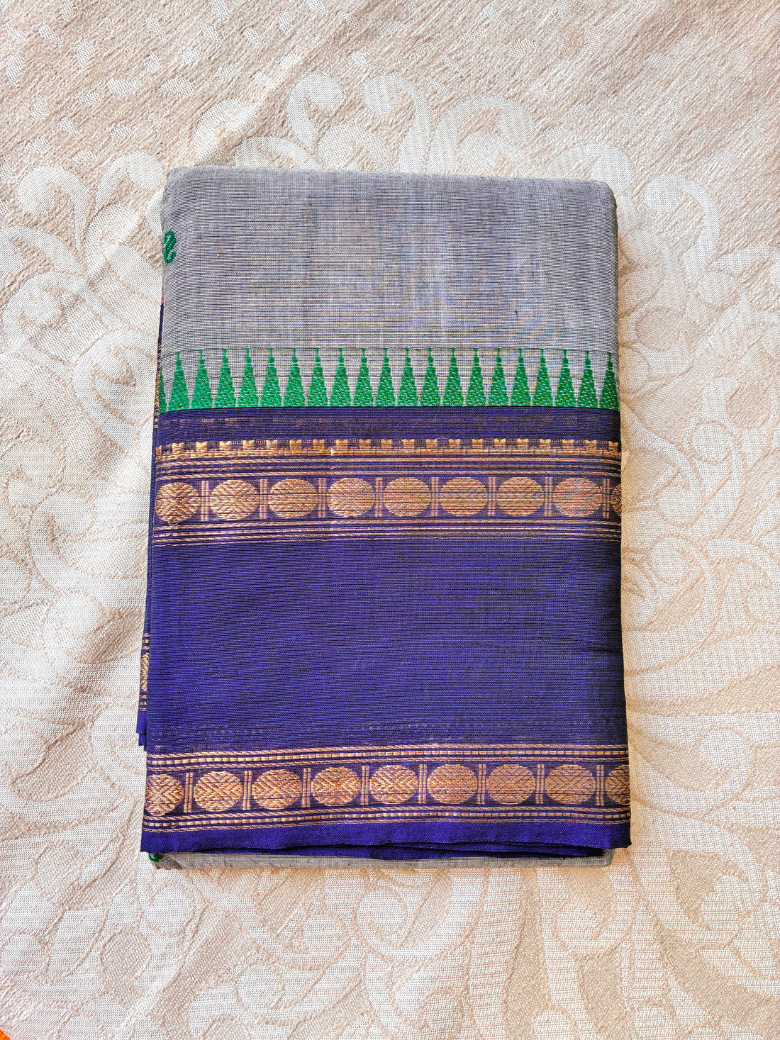 Grey Kanchi Cotton Saree with Royal Blue Zari Border