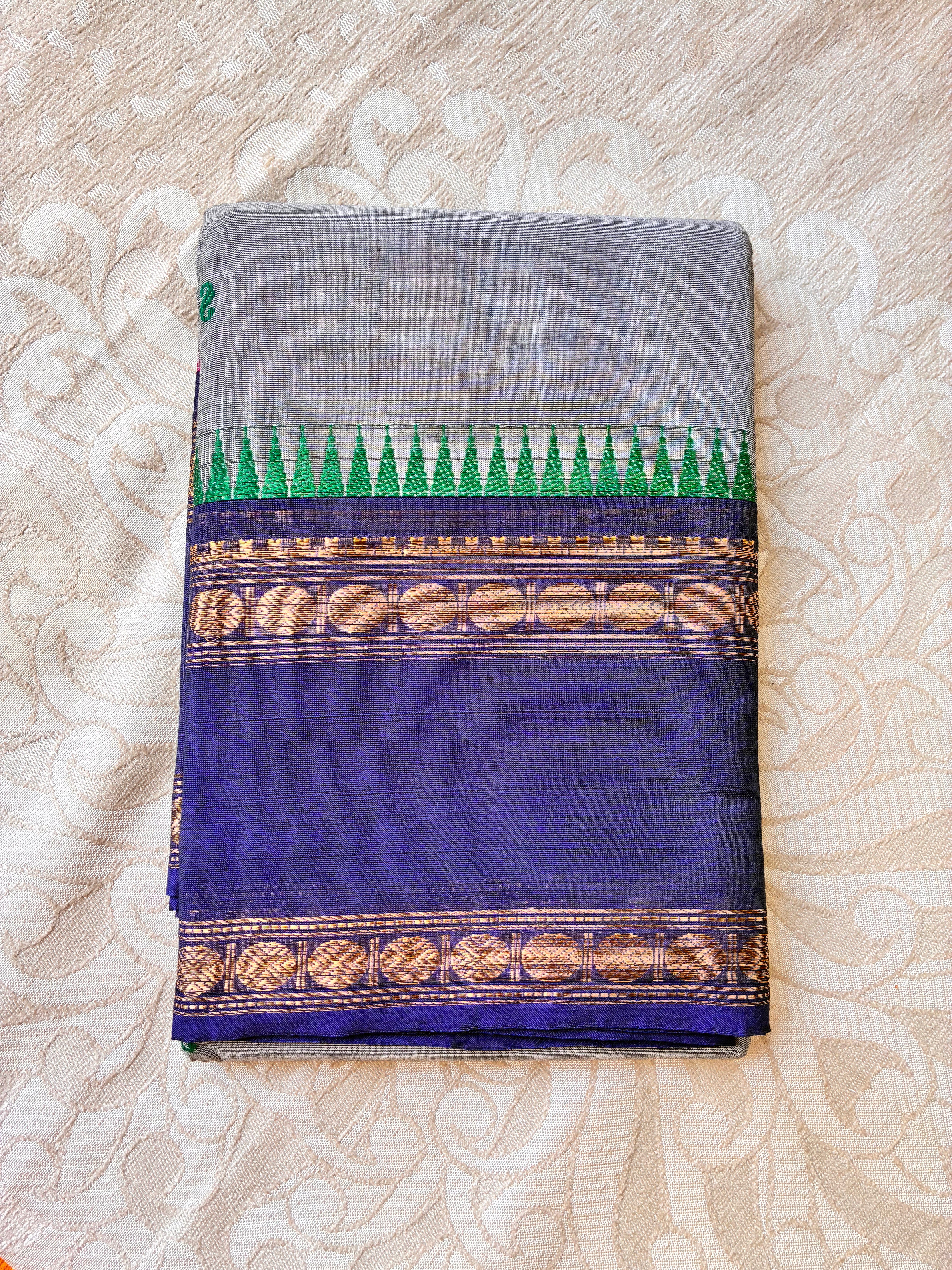 Grey Kanchi Cotton Saree with Royal Blue Zari Border