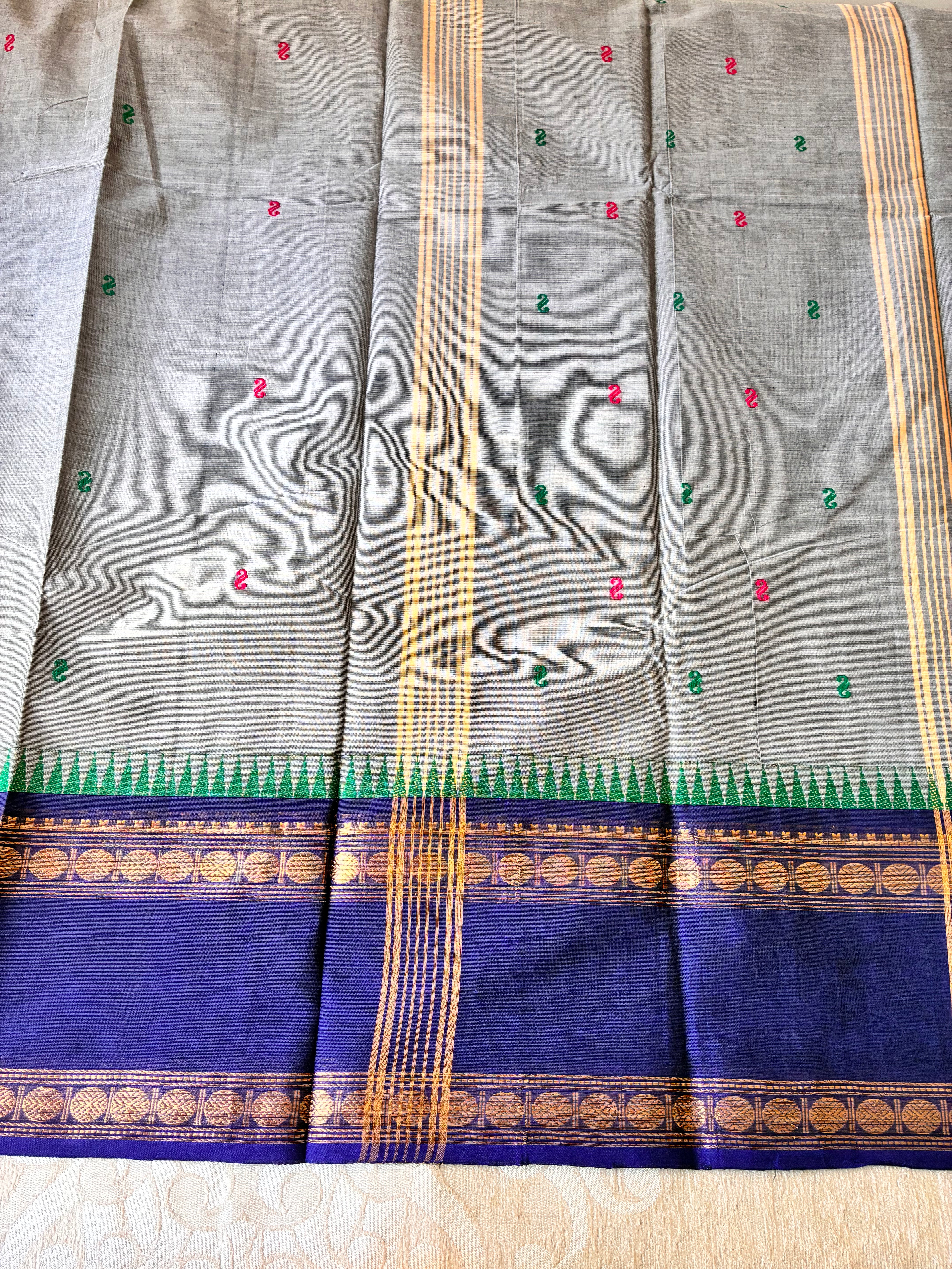 Grey Kanchi Cotton Saree with Royal Blue Zari Border