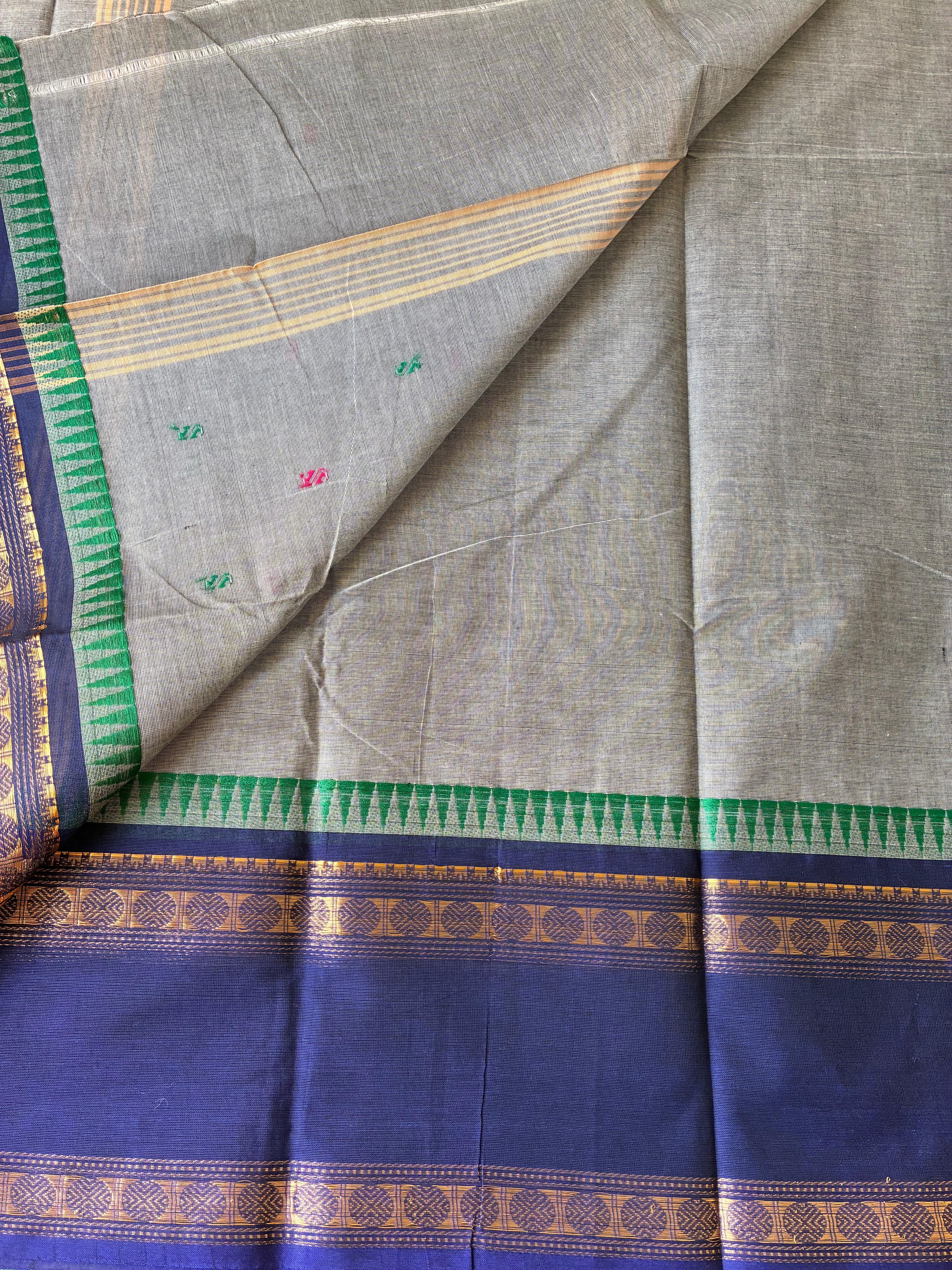 Grey Kanchi Cotton Saree with Royal Blue Zari Border
