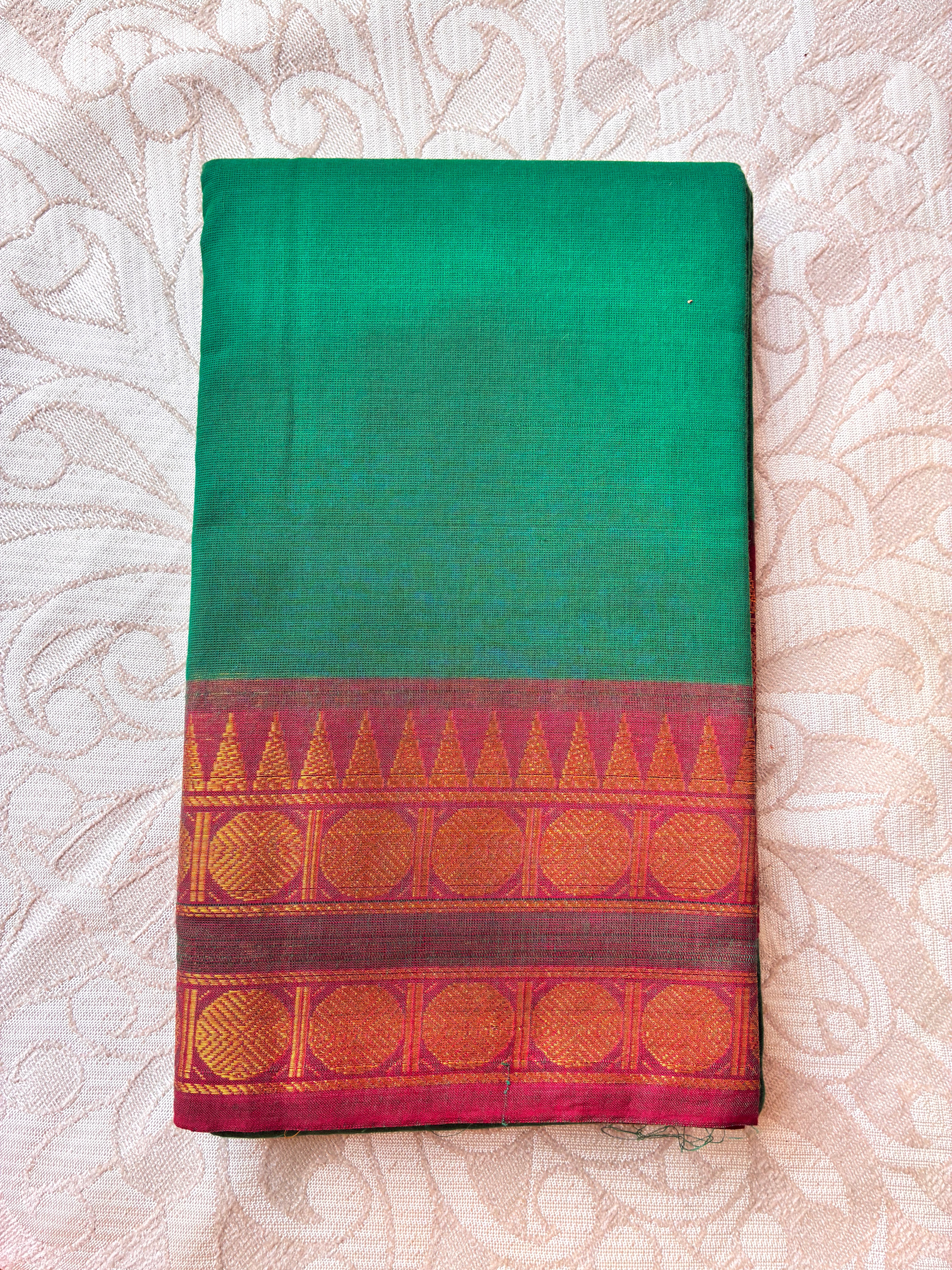 Emerald Green Kanchi Cotton Saree with Maroon-Gold Zari Border