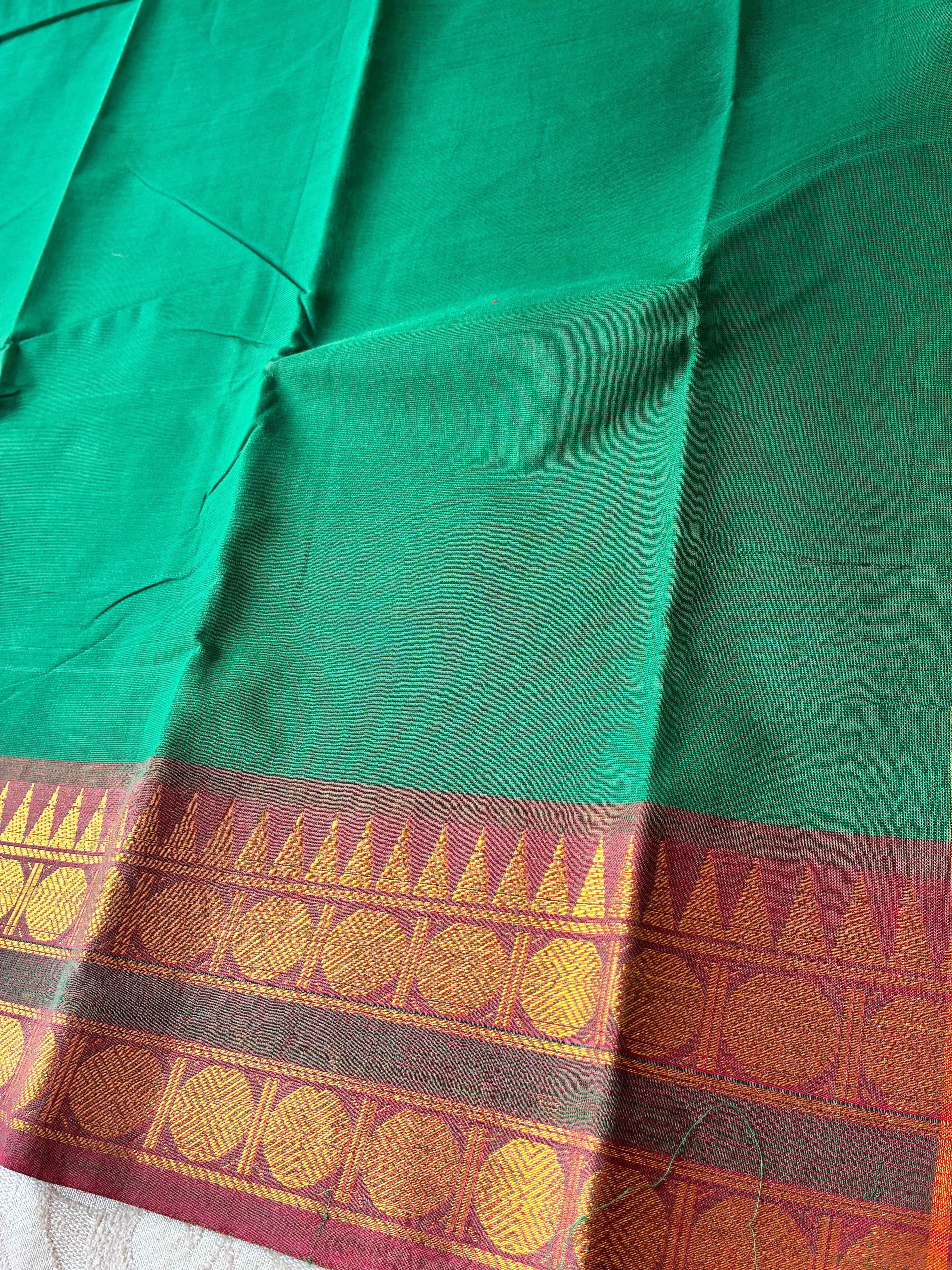 Emerald Green Kanchi Cotton Saree with Maroon-Gold Zari Border