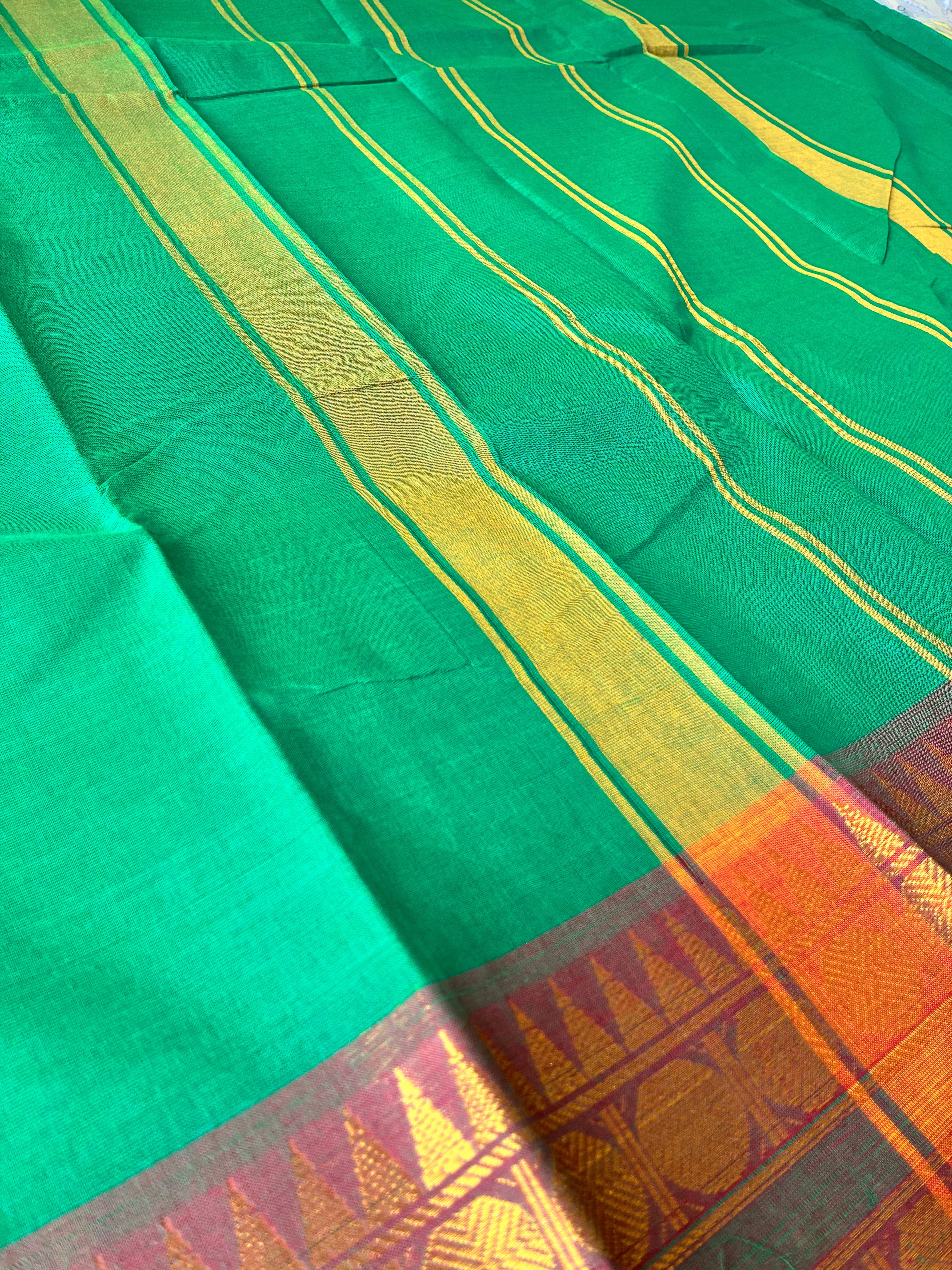 Emerald Green Kanchi Cotton Saree with Maroon-Gold Zari Border