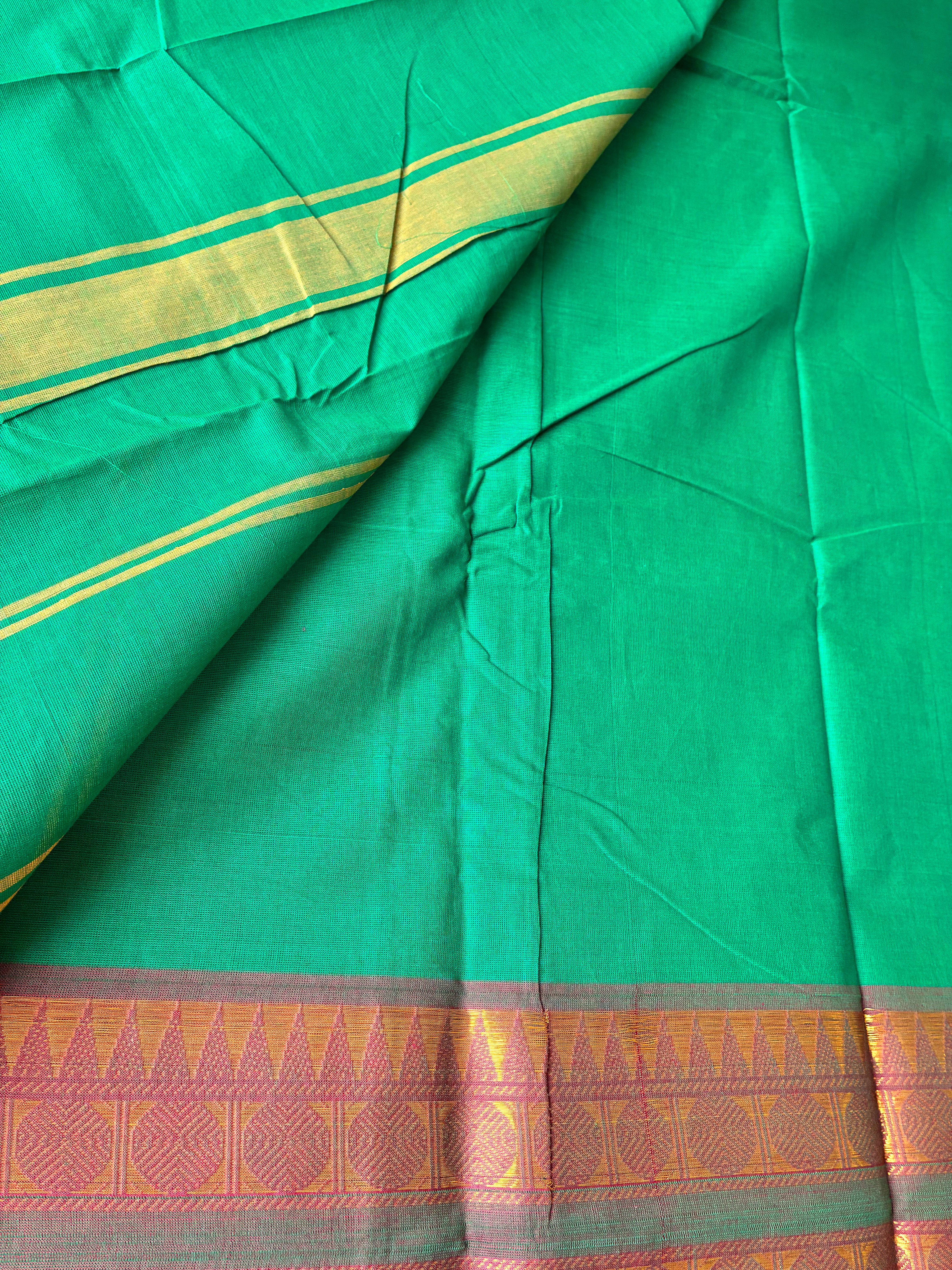Emerald Green Kanchi Cotton Saree with Maroon-Gold Zari Border