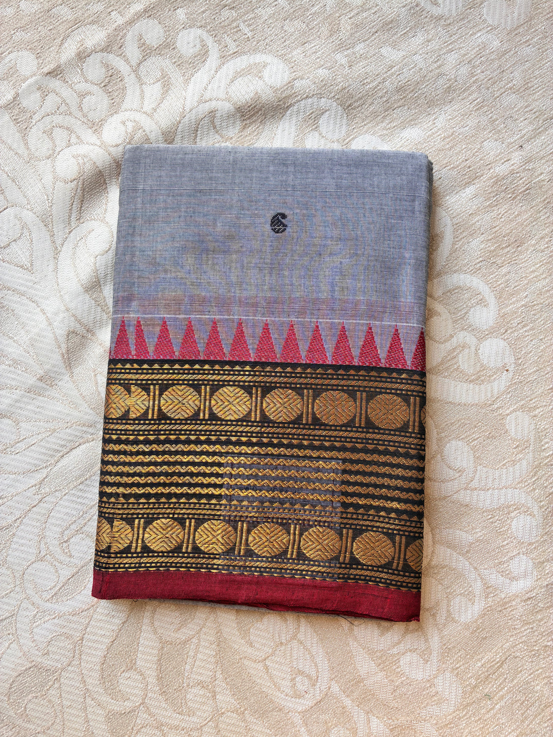 Elegant Grey Kanchi Cotton Saree with Maroon & Gold Zari Border