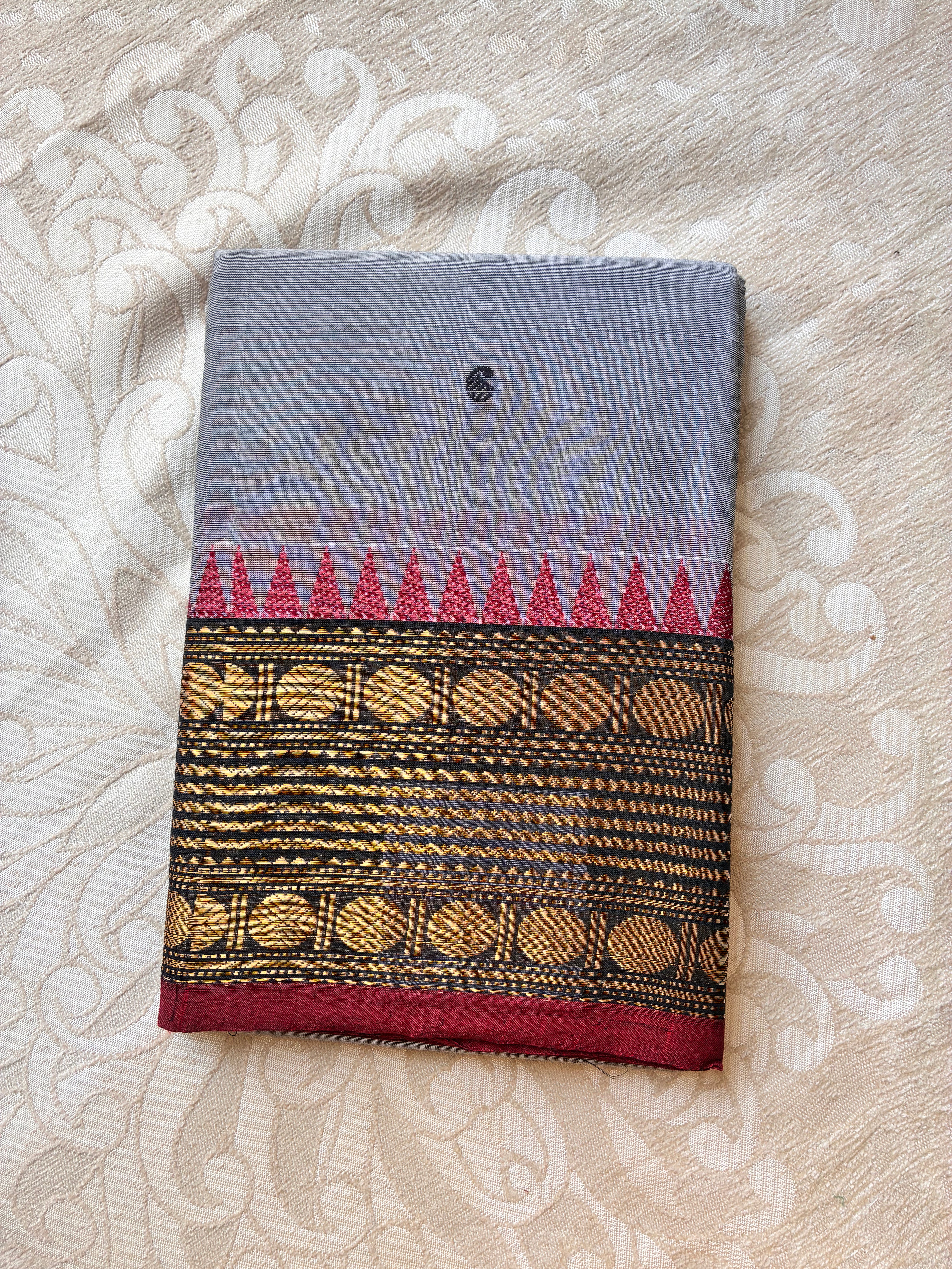 Elegant Grey Kanchi Cotton Saree with Maroon & Gold Zari Border