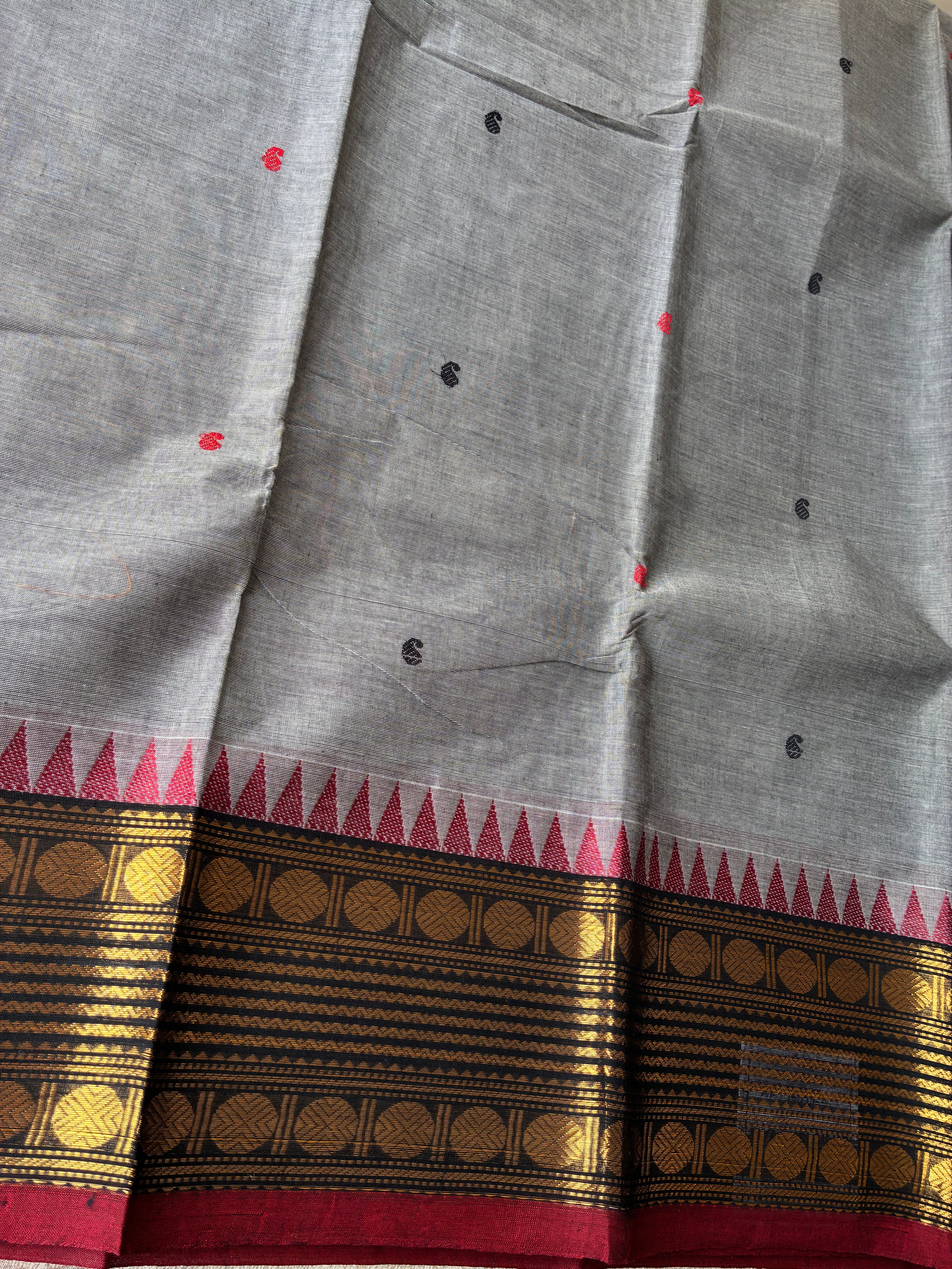 Elegant Grey Kanchi Cotton Saree with Maroon & Gold Zari Border