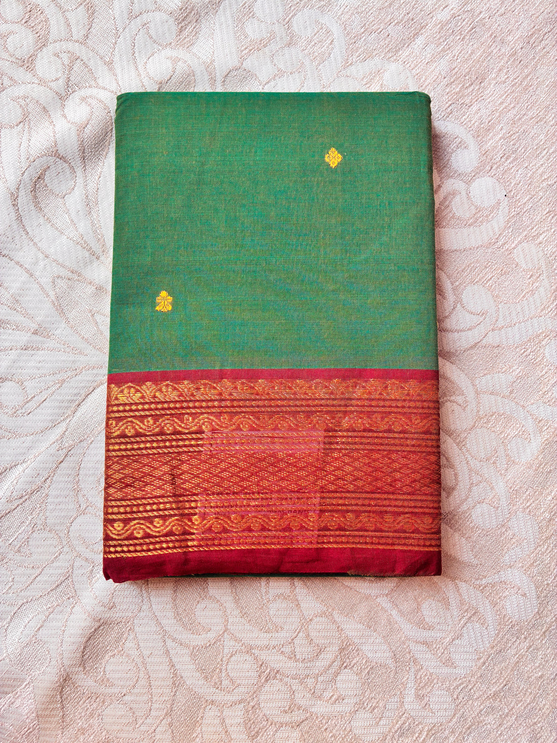 Elegant Bottle Green Kanchi Cotton Saree with Maroon & Gold Zari Border