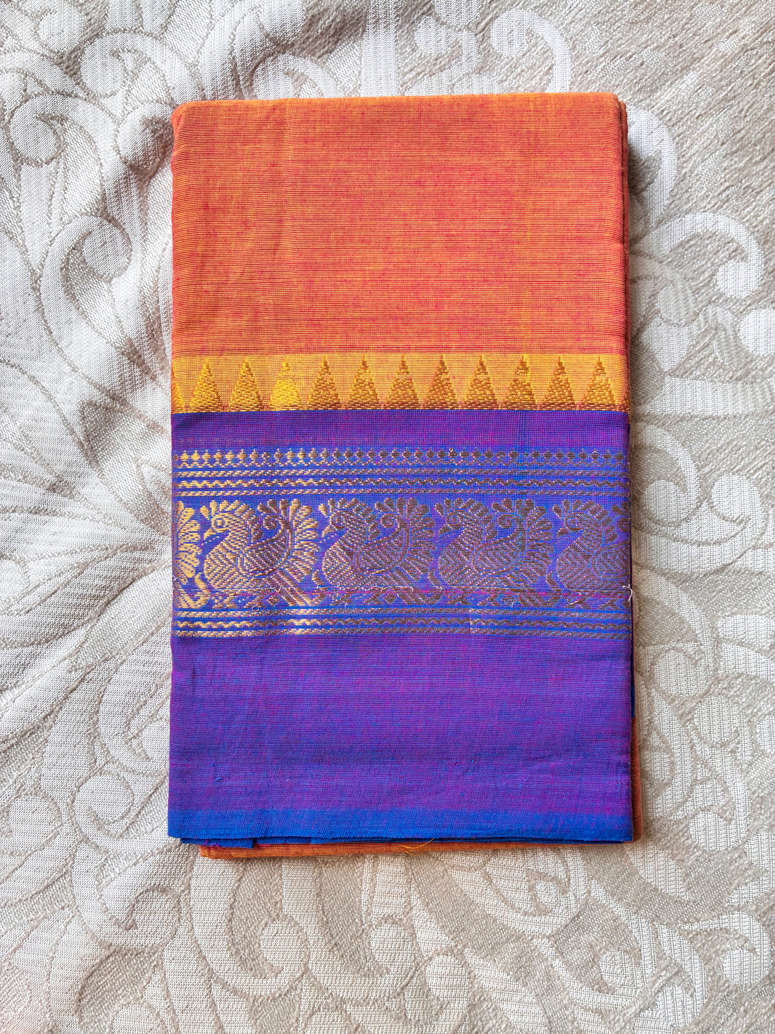 Elegant Coral Peach Kanchi Cotton Saree with Royal Purple Zari Border