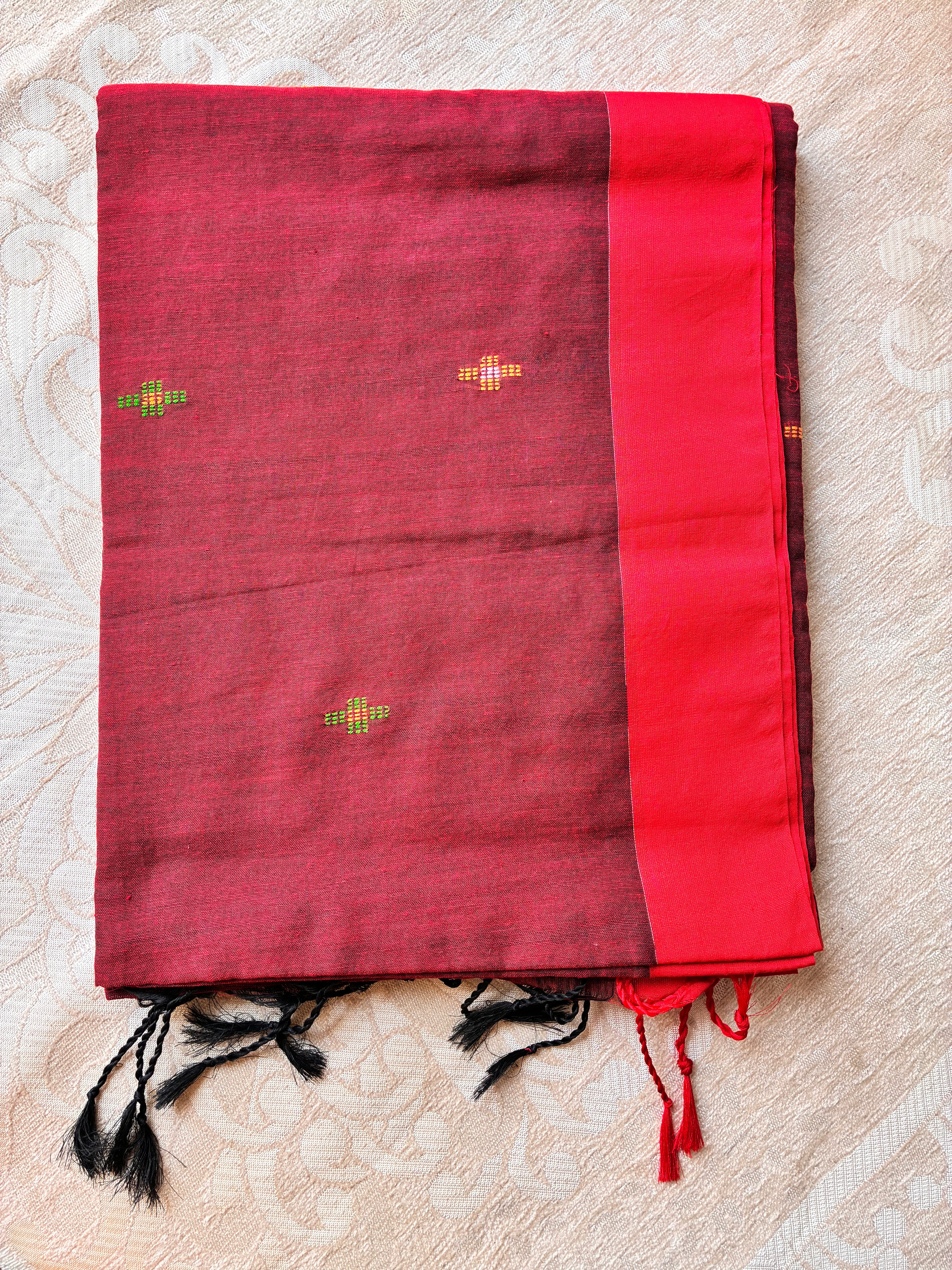 Crimson Maroon Mul Cotton Saree with Hand-Woven Buttis & Contrast Red Border