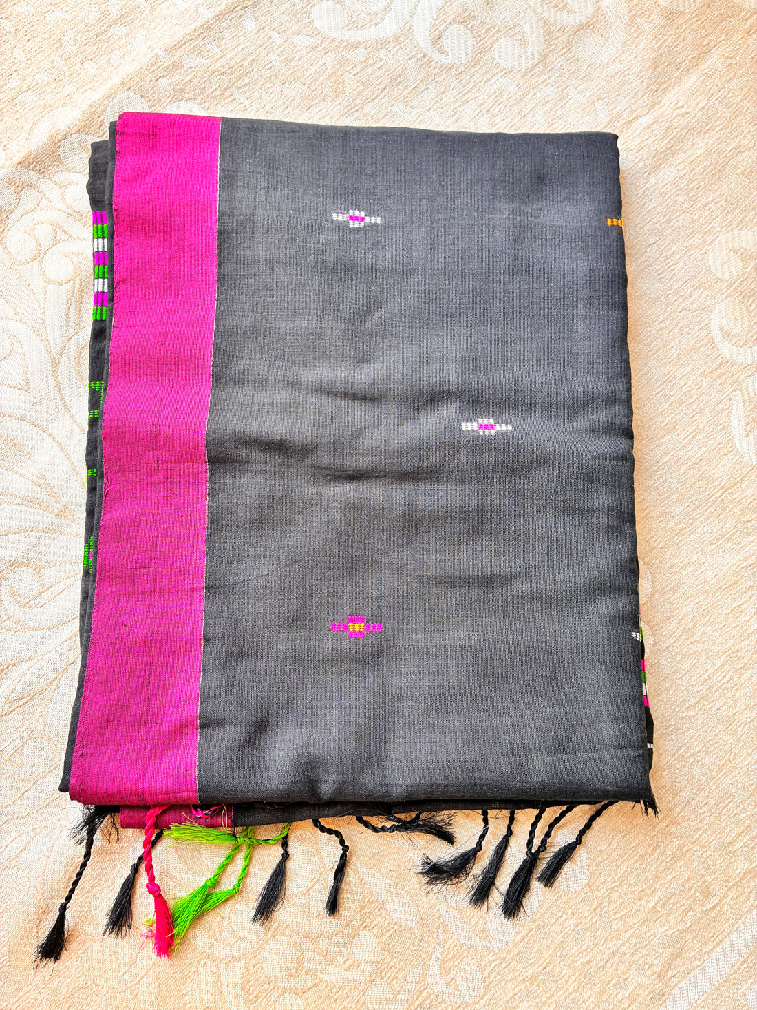 Charcoal Black Mul Cotton Saree with Contrast Parrot Green & Magenta Borders