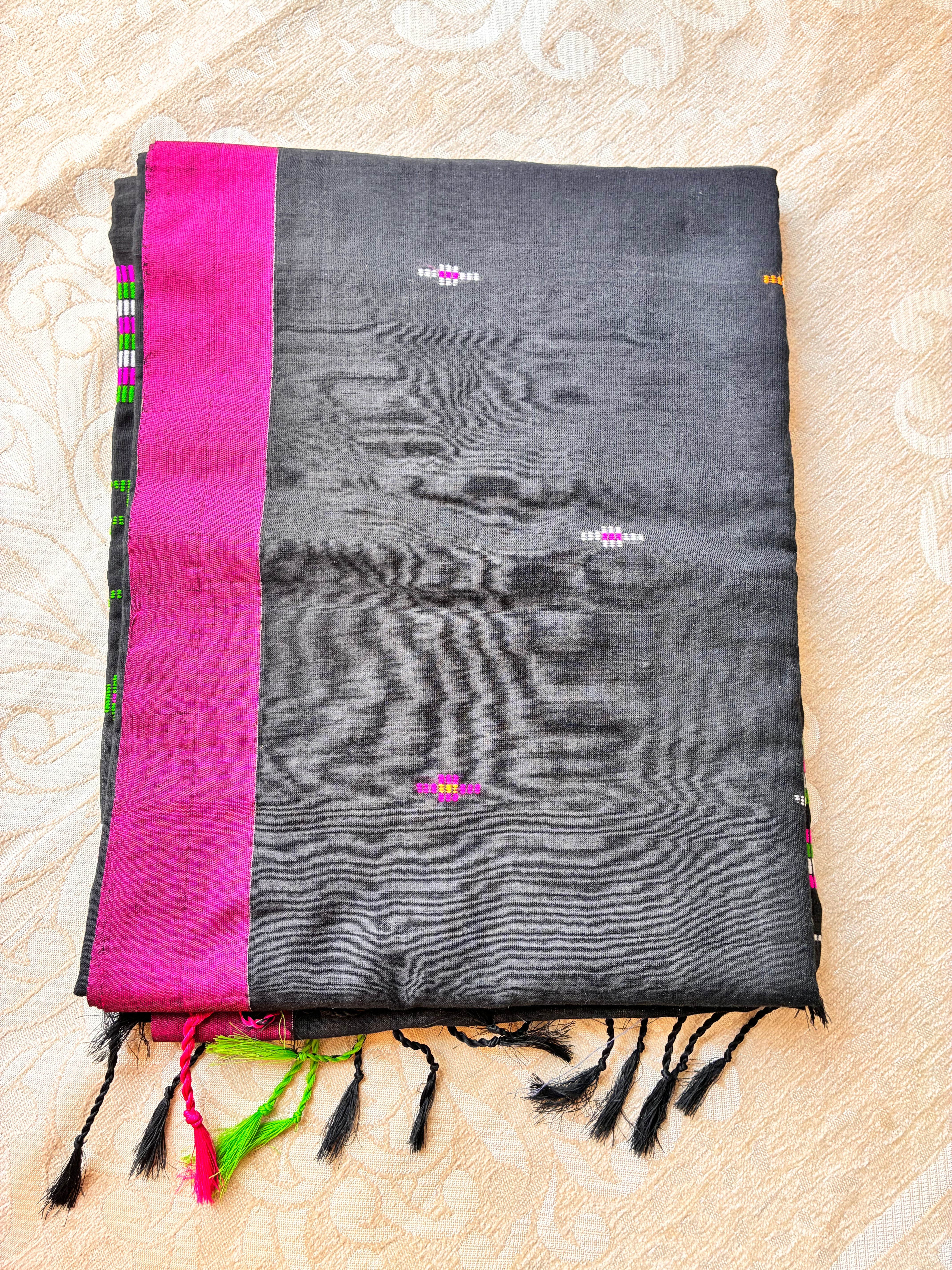 Charcoal Black Mul Cotton Saree with Contrast Parrot Green & Magenta Borders