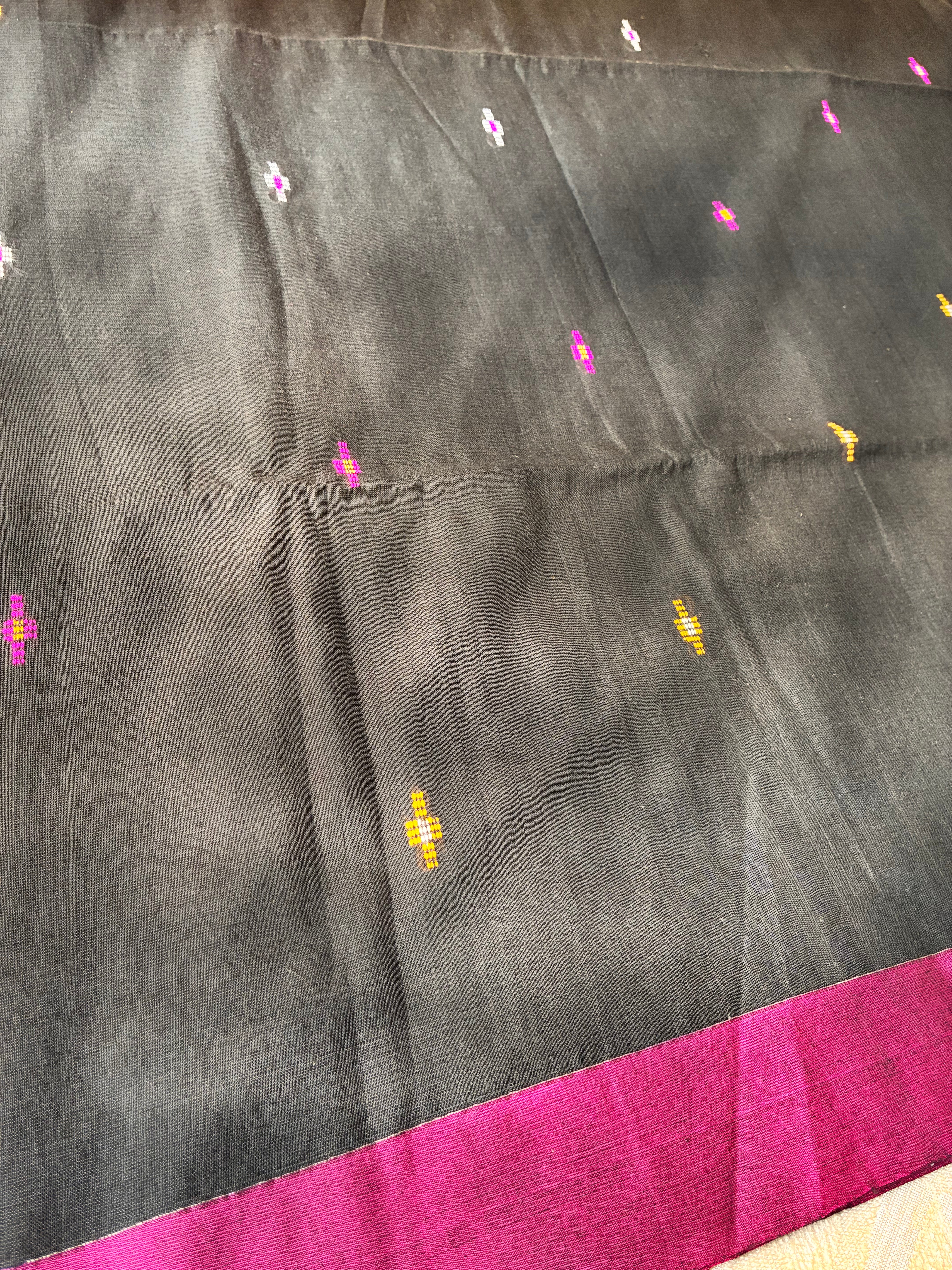 Charcoal Black Mul Cotton Saree with Contrast Parrot Green & Magenta Borders