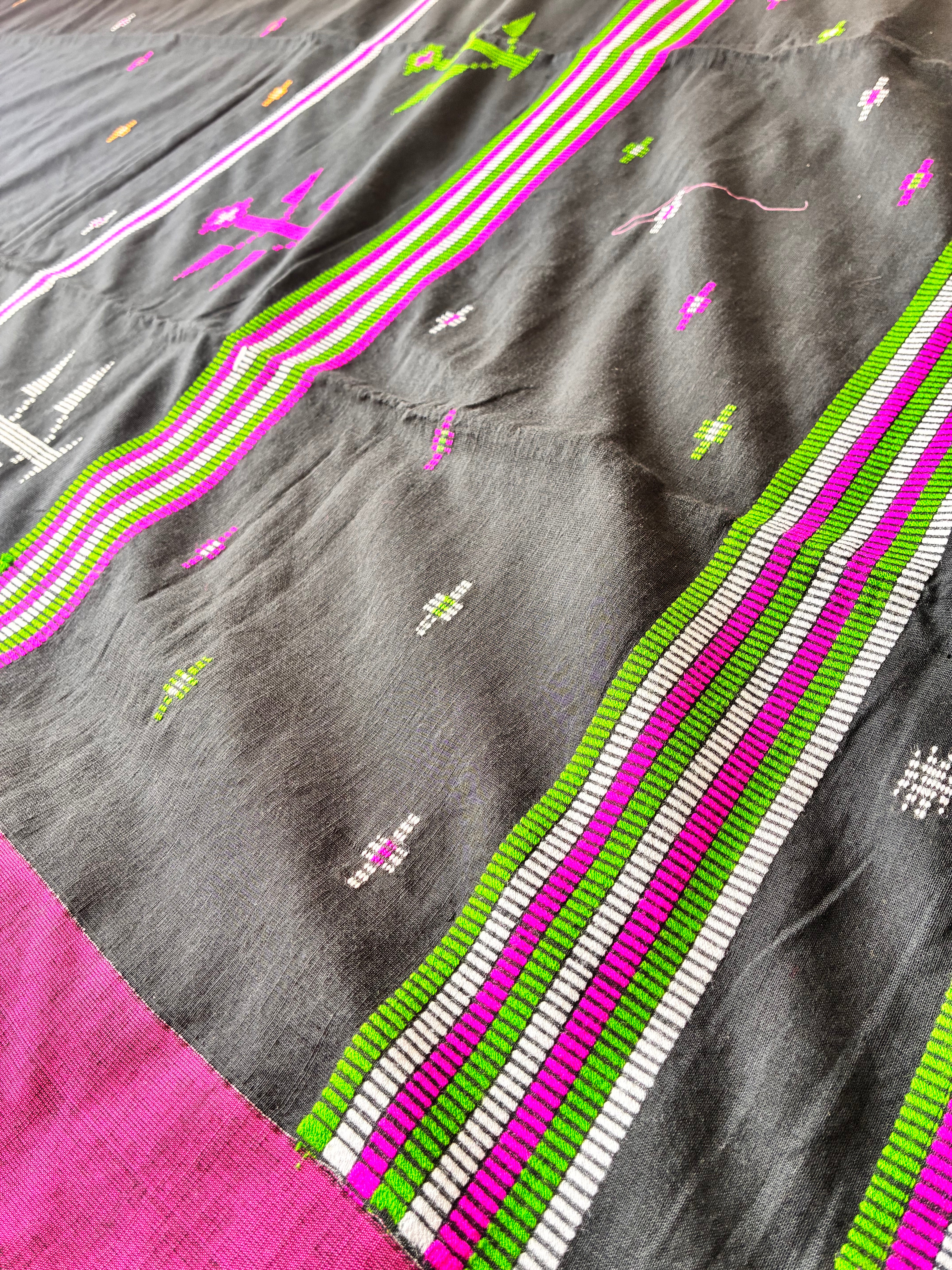 Charcoal Black Mul Cotton Saree with Contrast Parrot Green & Magenta Borders