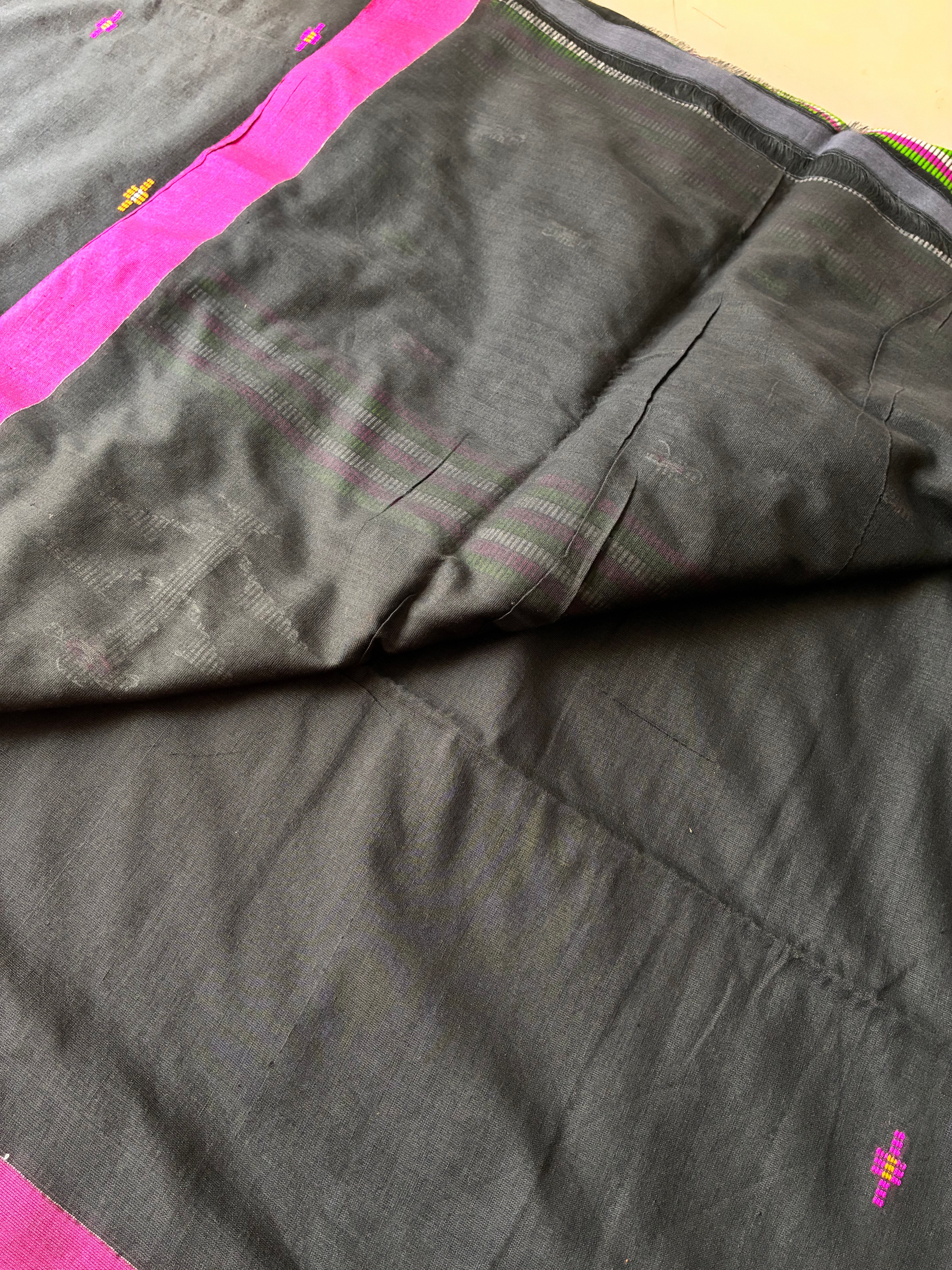Charcoal Black Mul Cotton Saree with Contrast Parrot Green & Magenta Borders