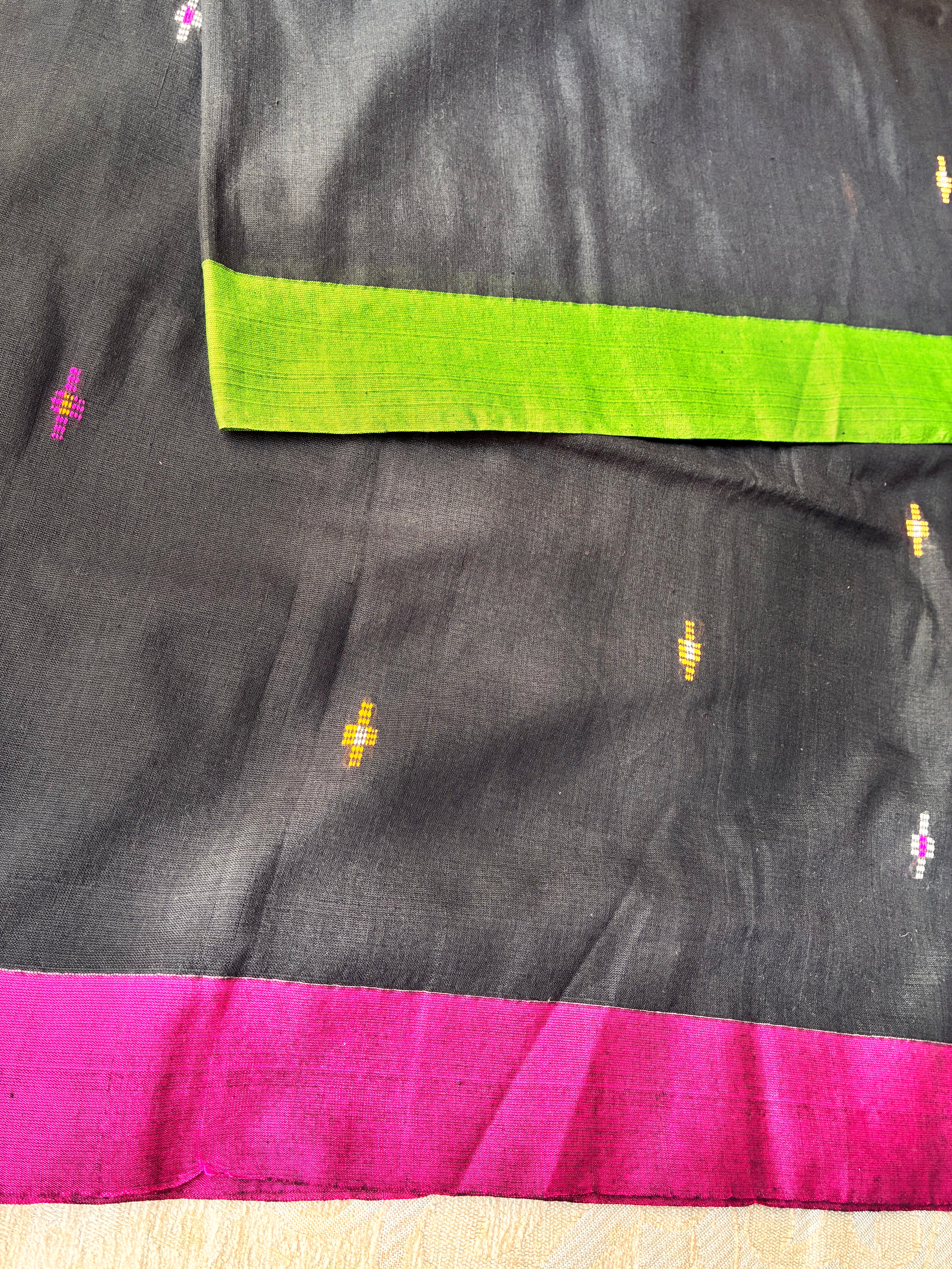 Charcoal Black Mul Cotton Saree with Contrast Parrot Green & Magenta Borders