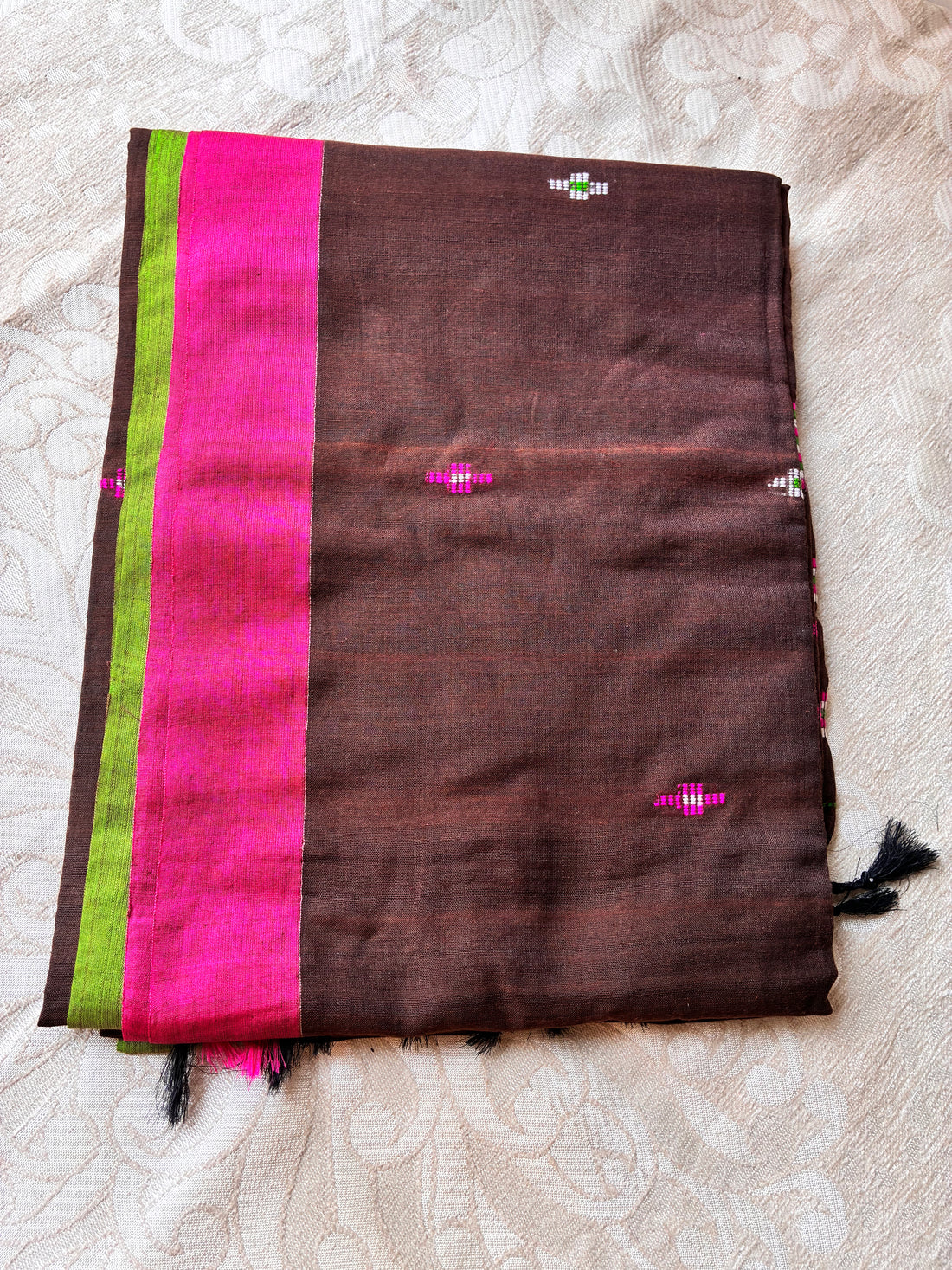 Coffee Brown Mul Cotton Saree with Bright Pink & Parrot Green Contrast Border