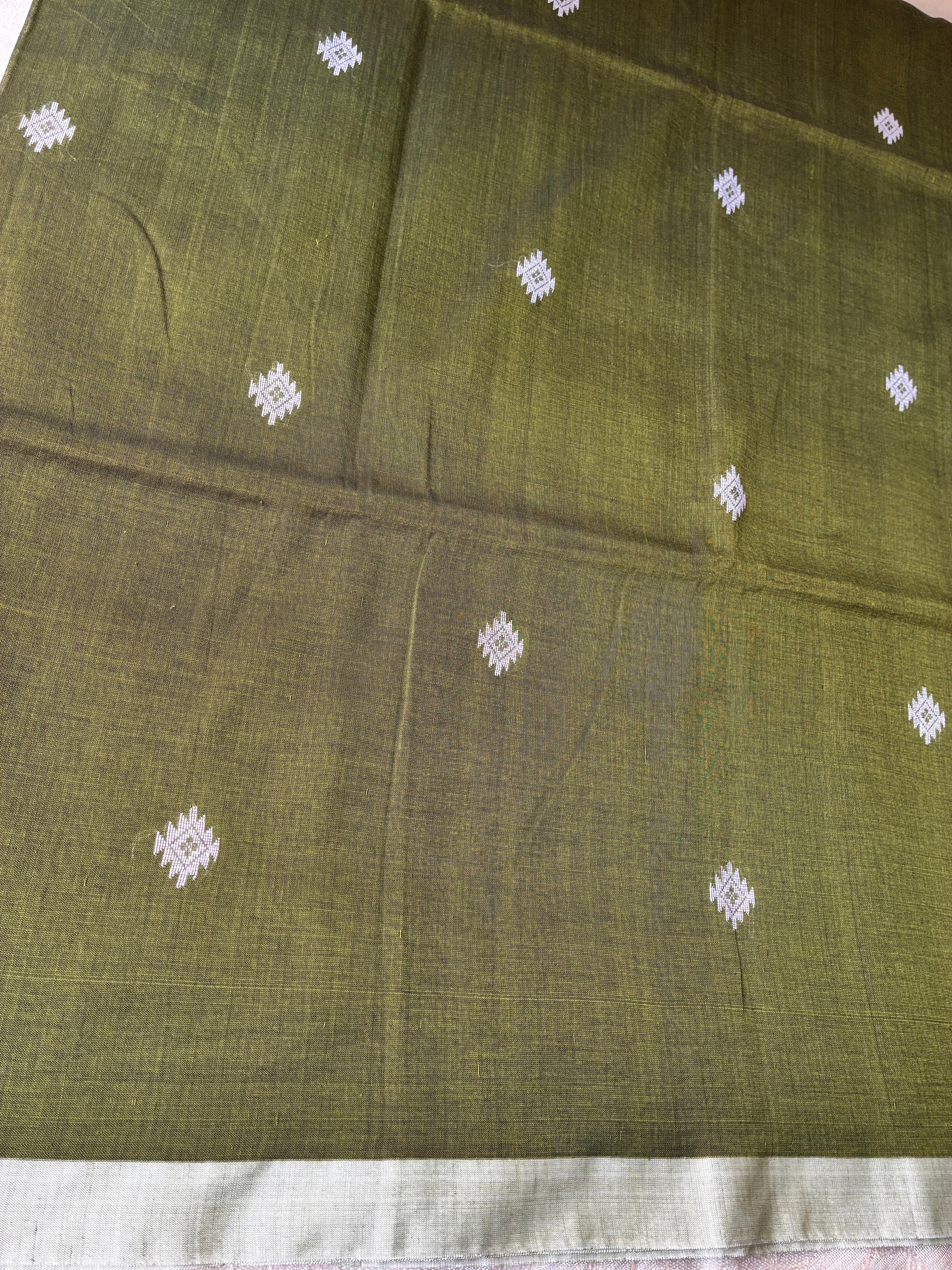 Earthy Olive Green Hand-Woven Mul Cotton Saree